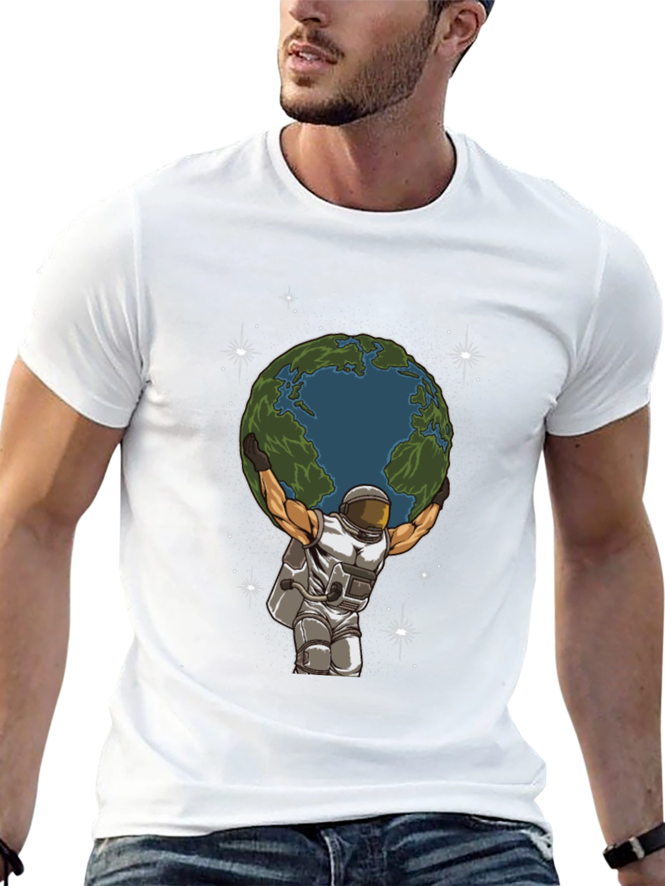 Astronaut Earth Lift Graphic Tee - Black Cotton T-Shirt