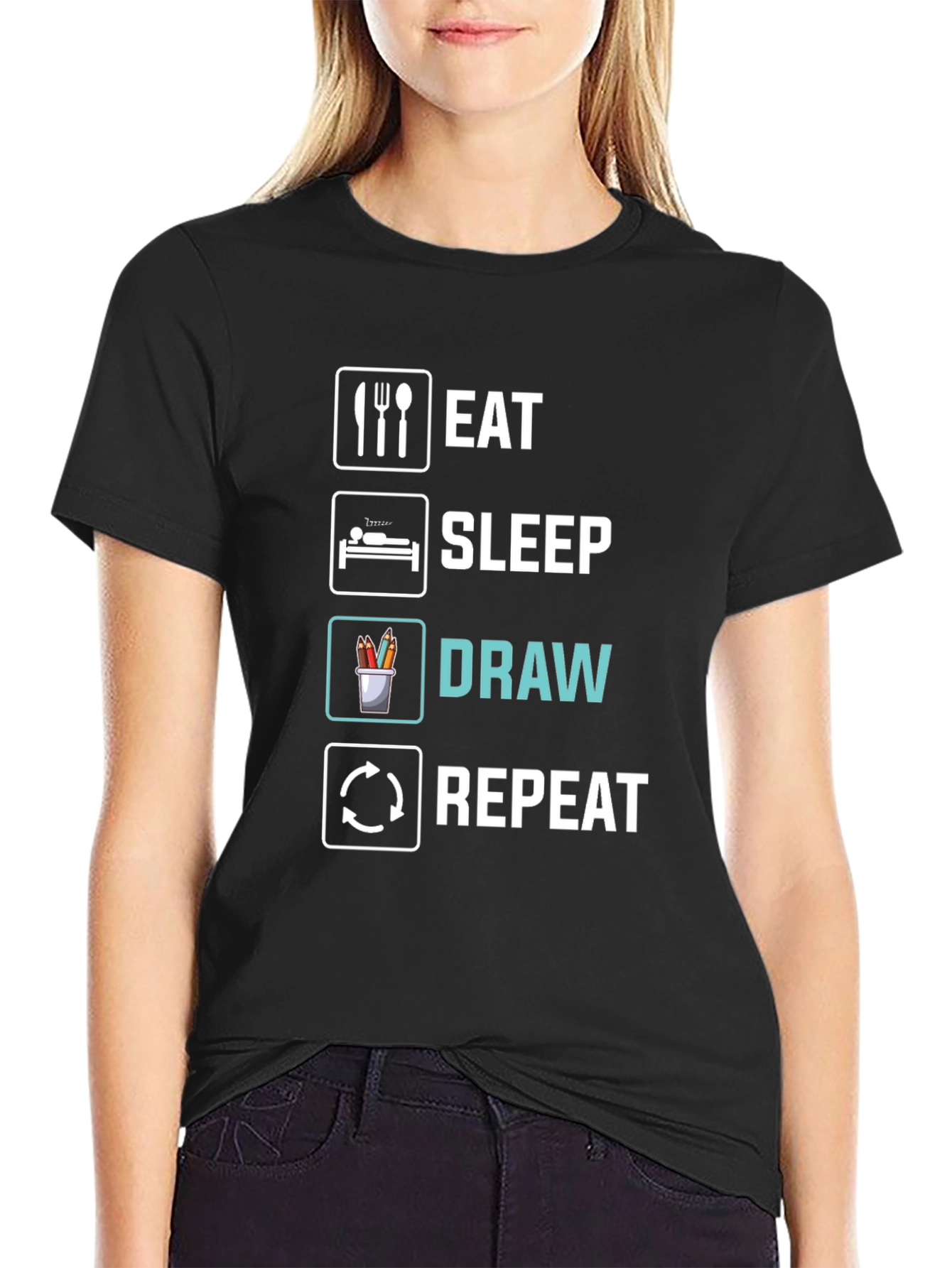 Eat Sleep Draw Repeat Black Graphic T-Shirt