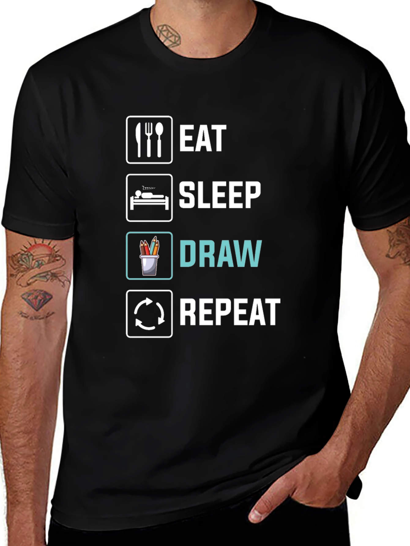 Eat Sleep Draw Repeat Black Graphic T-Shirt