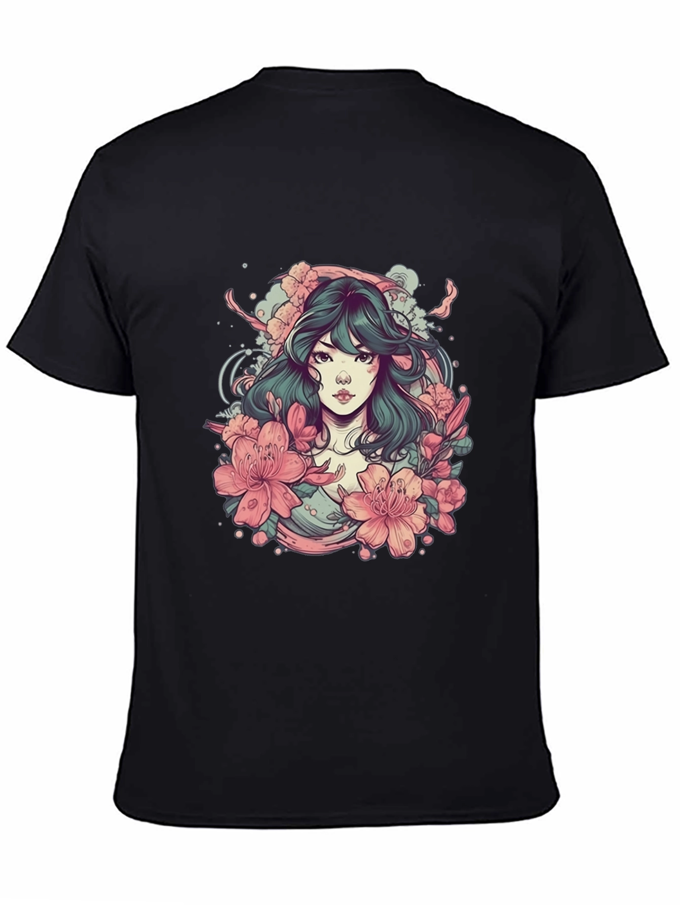 Floral Anime Girl Black T-Shirt