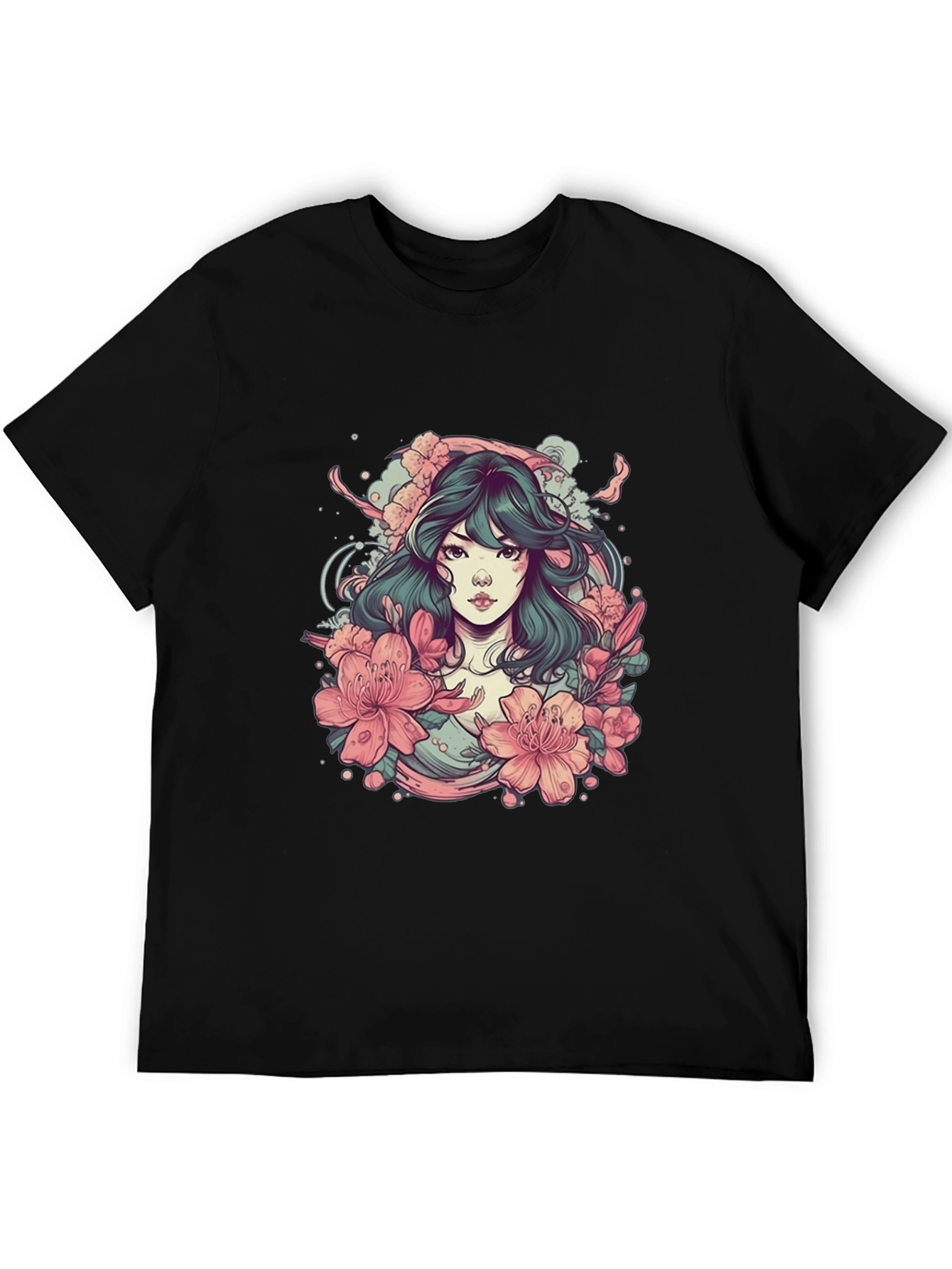 Floral Anime Girl Black T-Shirt