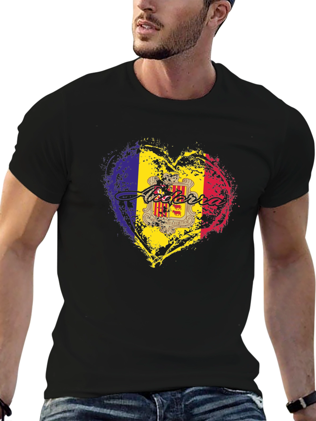 Andorra Flag Heart Black T-Shirt