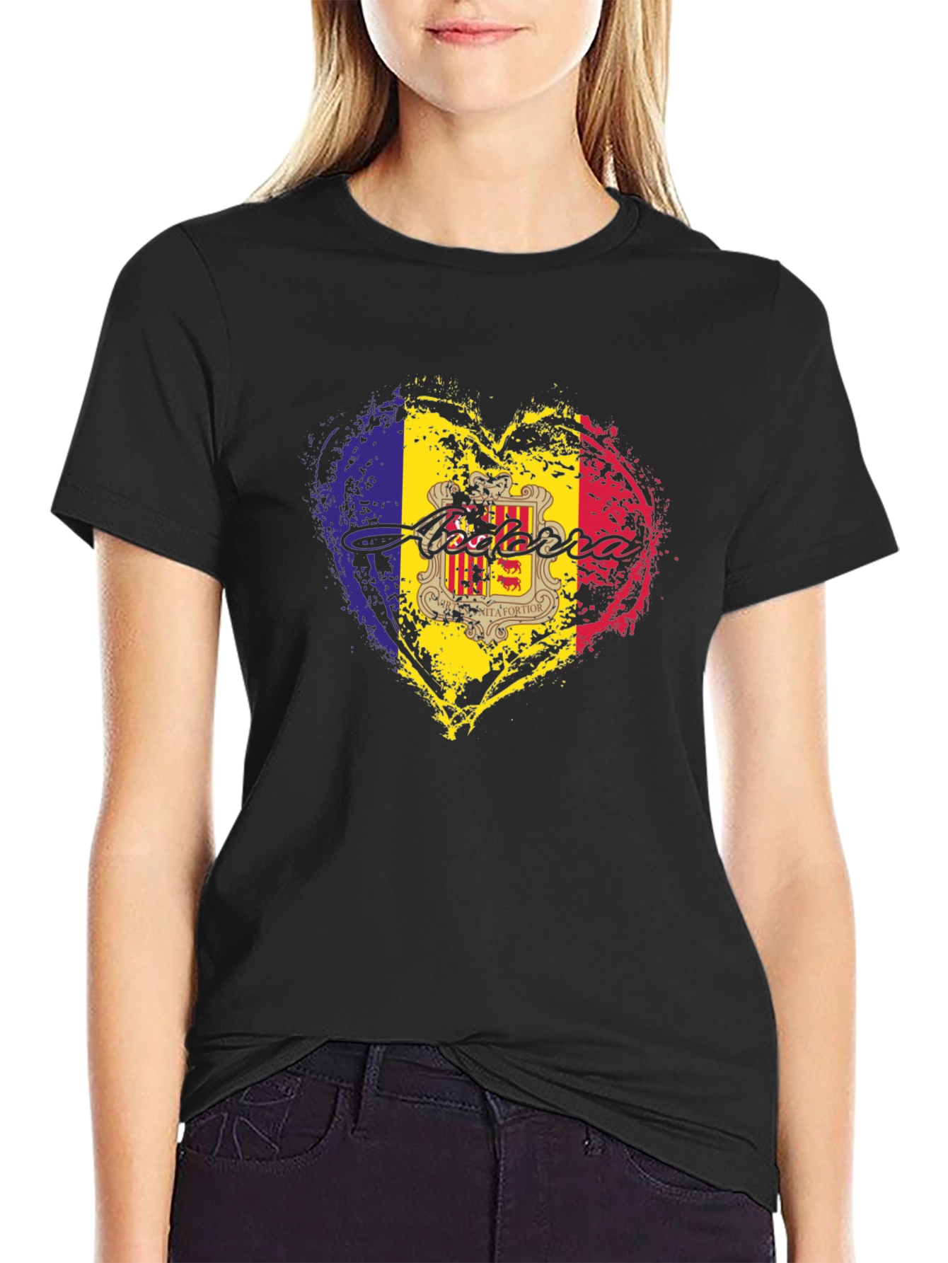 Andorra Flag Heart Black T-Shirt