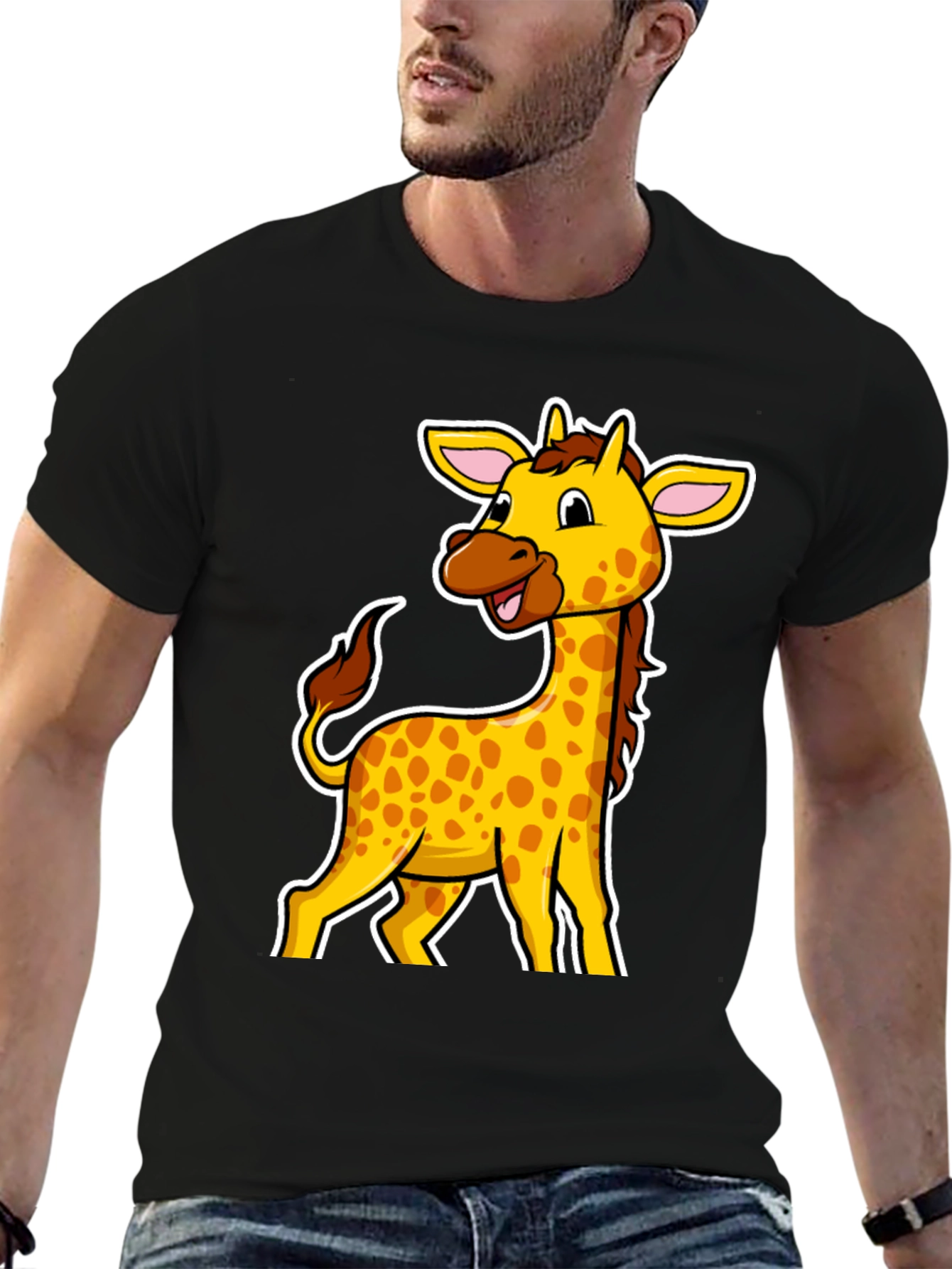 Giraffe Cartoon Graphic Black T-Shirt
