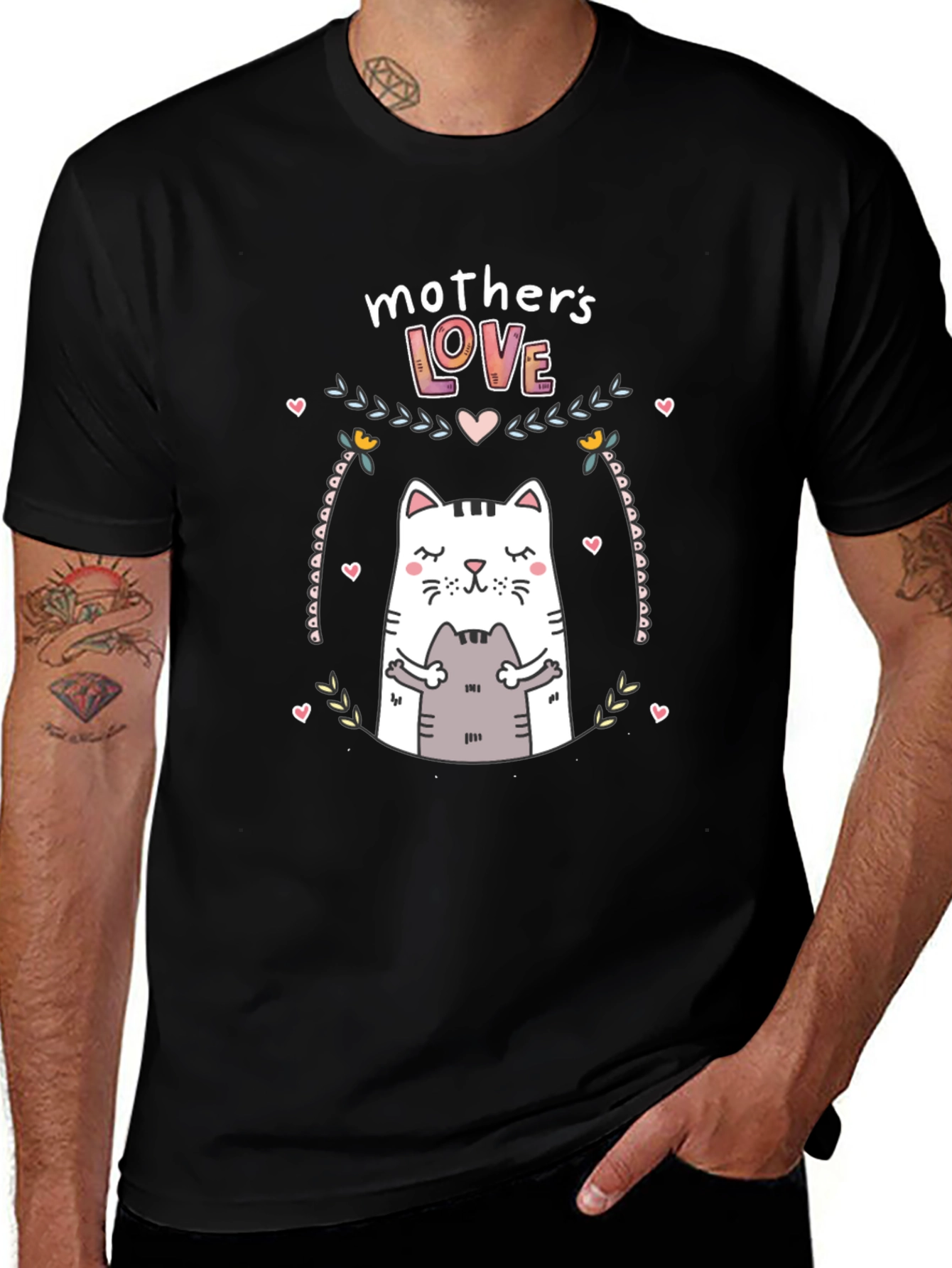 Mothers Love Cat Graphic Black T-Shirt