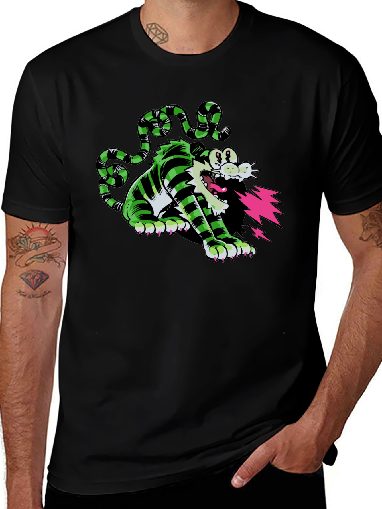 Cartoon Cat T-Shirt - Green and Black