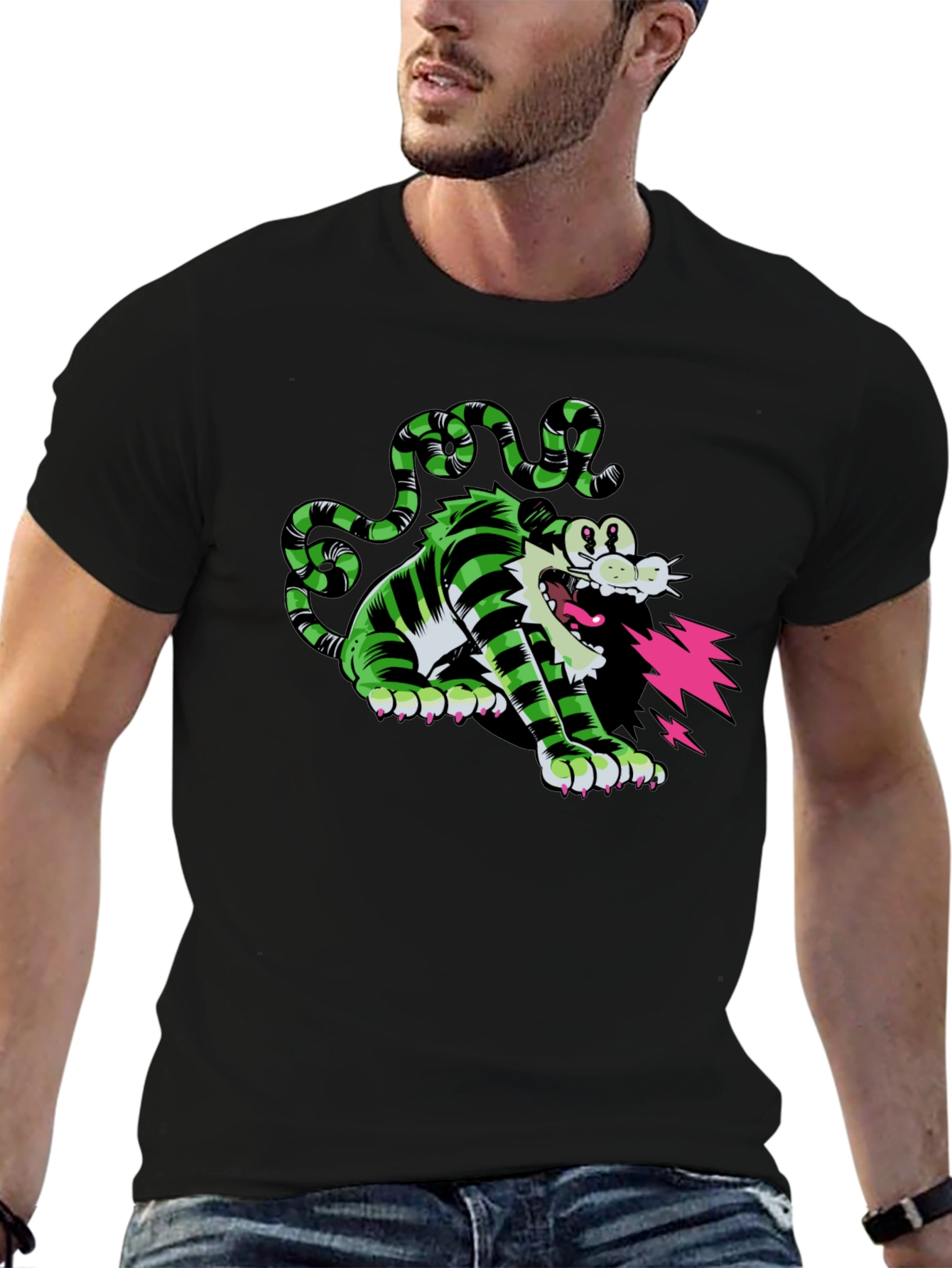 Cartoon Cat T-Shirt - Green and Black
