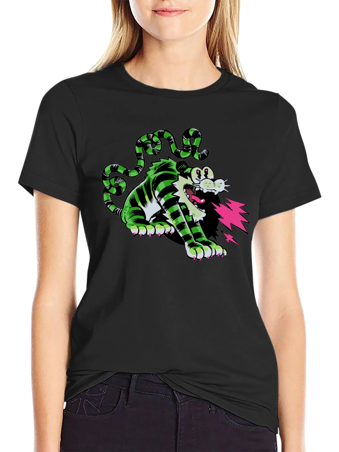 Cartoon Cat T-Shirt - Green and Black
