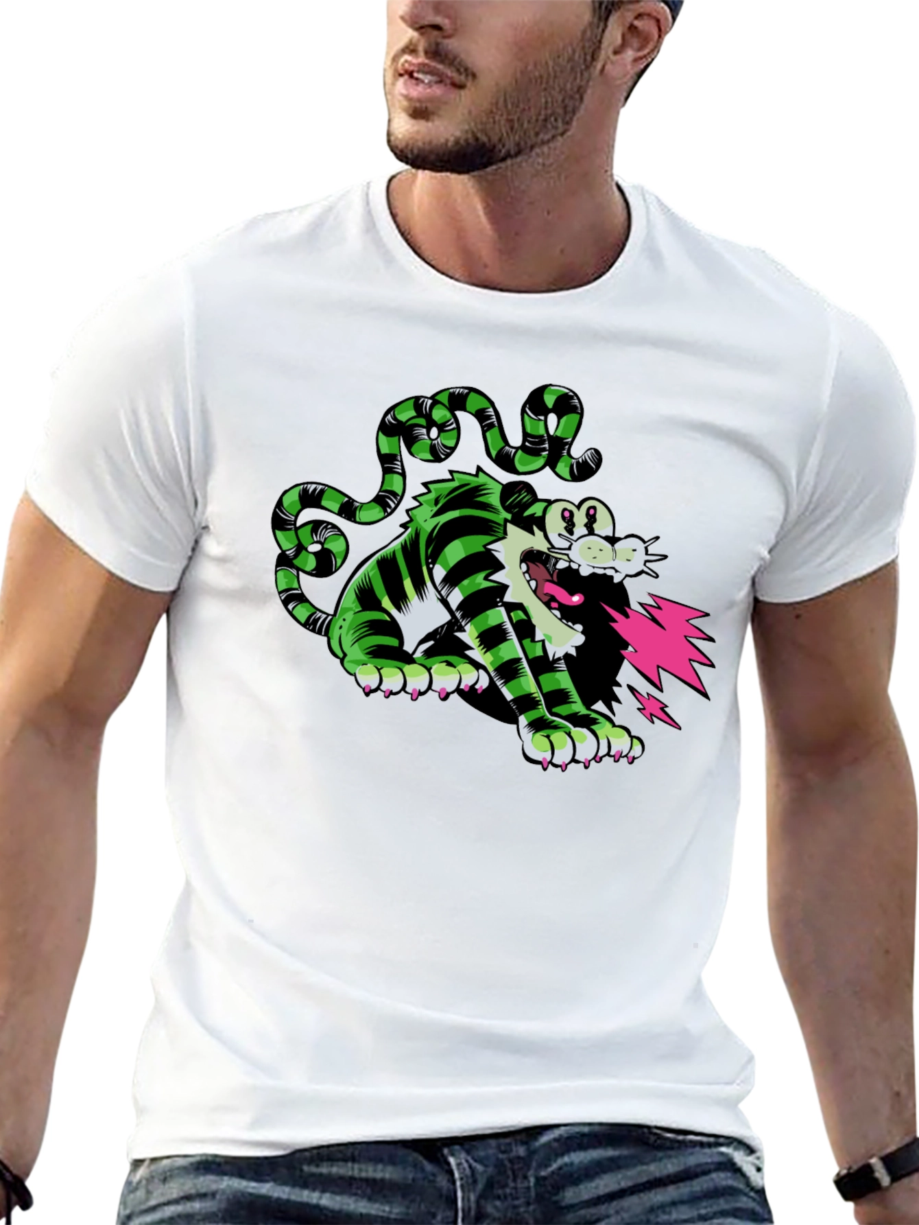 Cartoon Cat T-Shirt - Green and Black