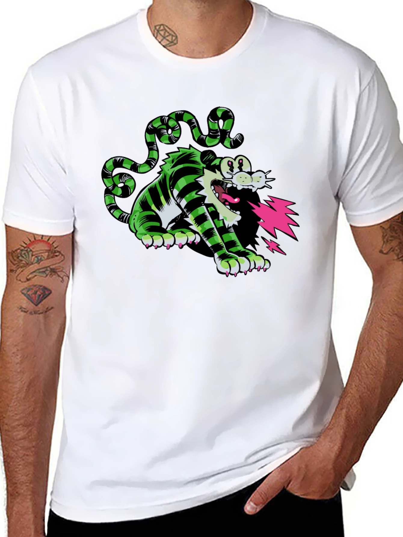 Cartoon Cat T-Shirt - Green and Black