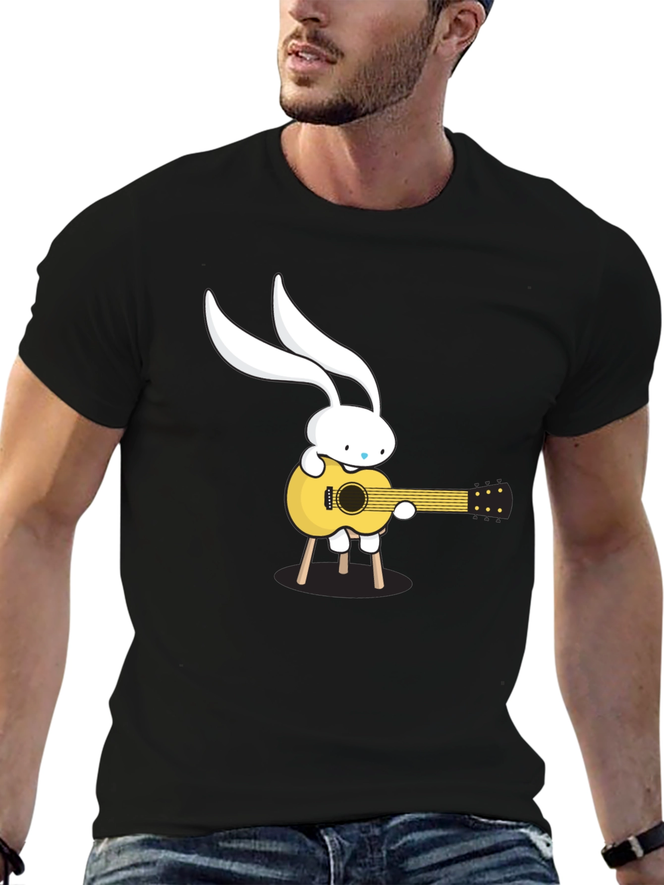 Bunny Guitarist Graphic Tee - Black Cotton T-Shirt