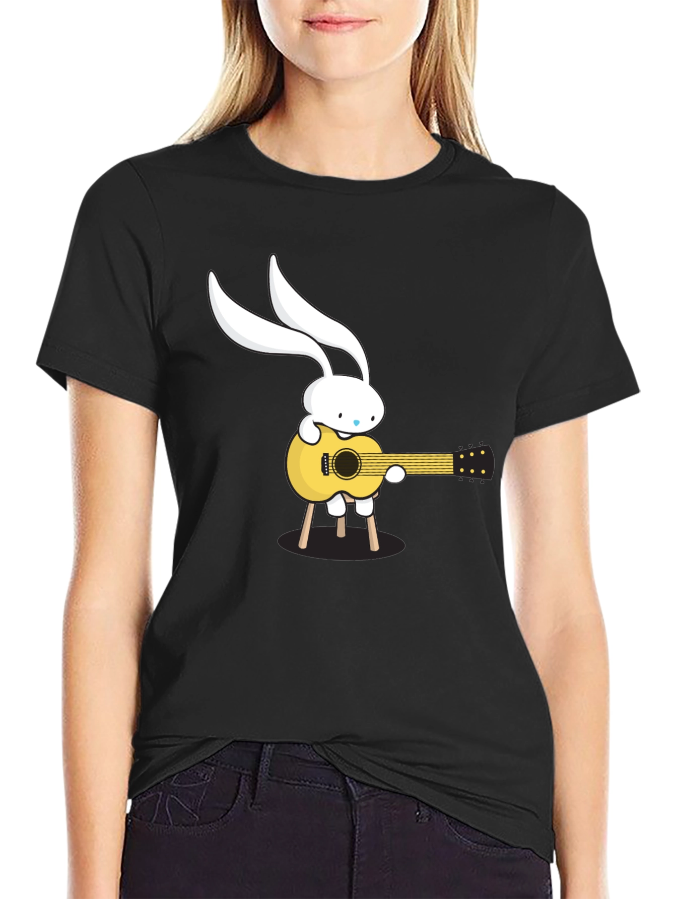 Bunny Guitarist Graphic Tee - Black Cotton T-Shirt