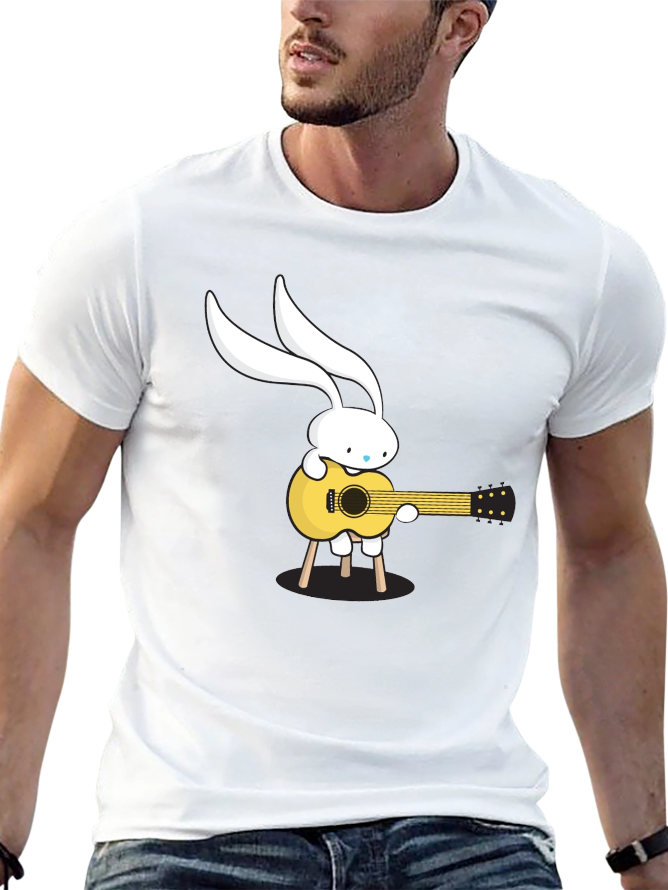Bunny Guitarist Graphic Tee - Black Cotton T-Shirt