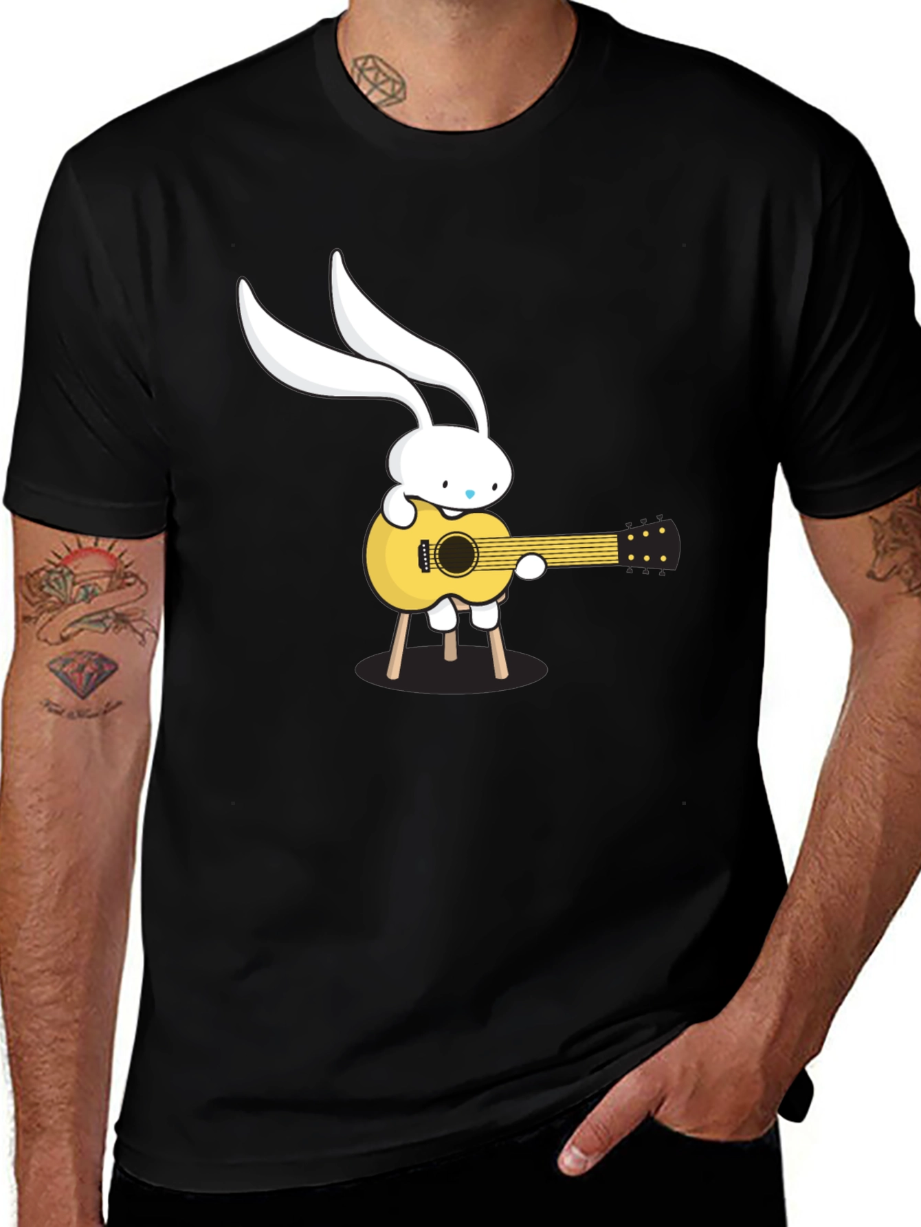 Bunny Guitarist Graphic Tee - Black Cotton T-Shirt