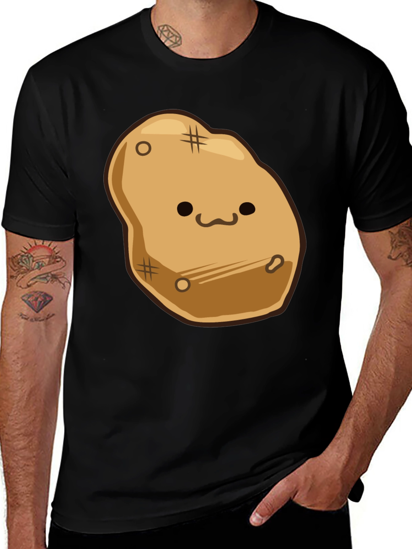 Cute Potato Graphic Print Black T-Shirt