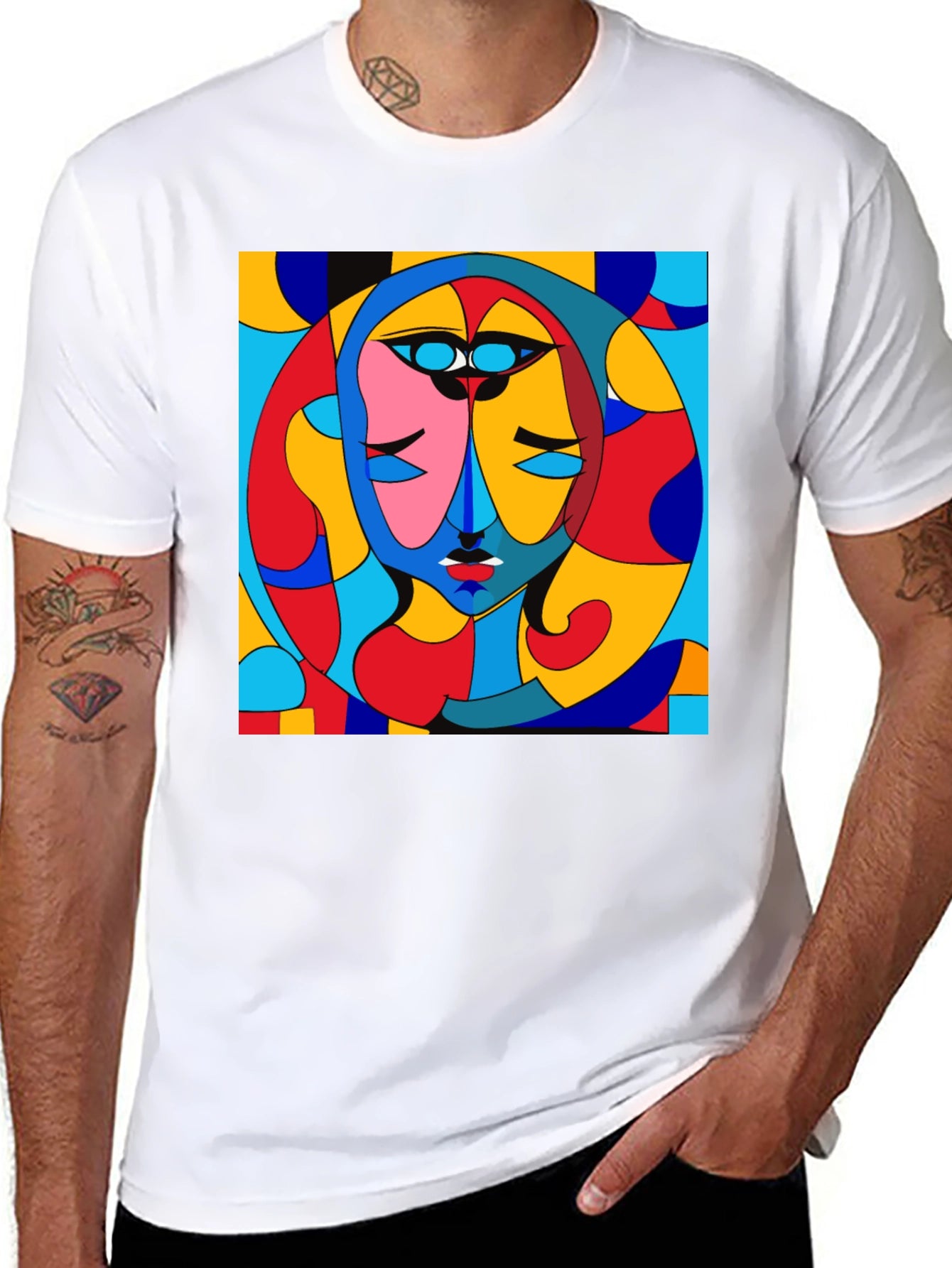 Abstract Art Face Print Black Crew Neck T-Shirt
