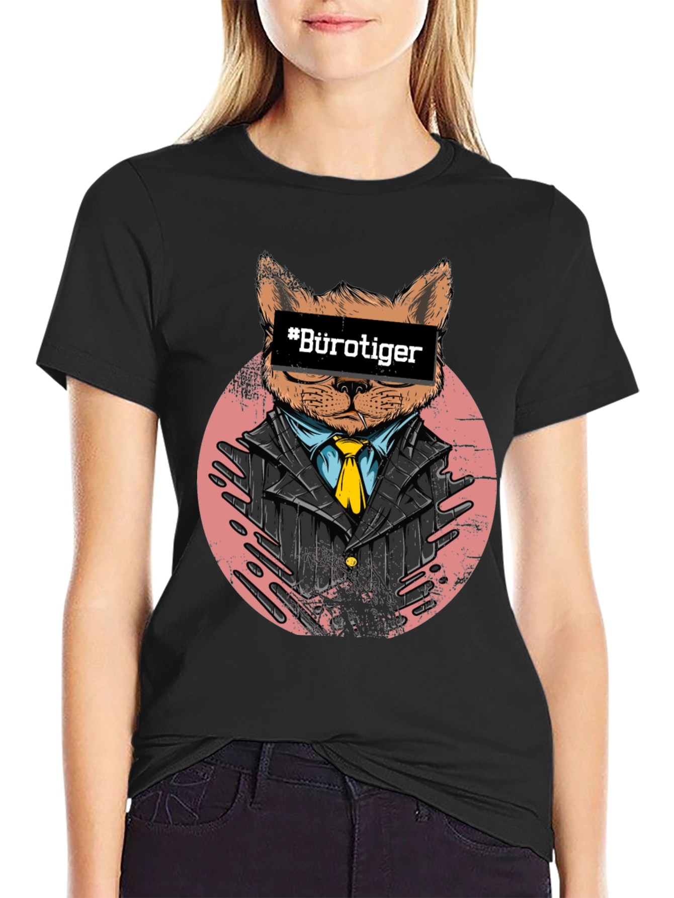 Bürotiger Cat in Suit Black T-Shirt