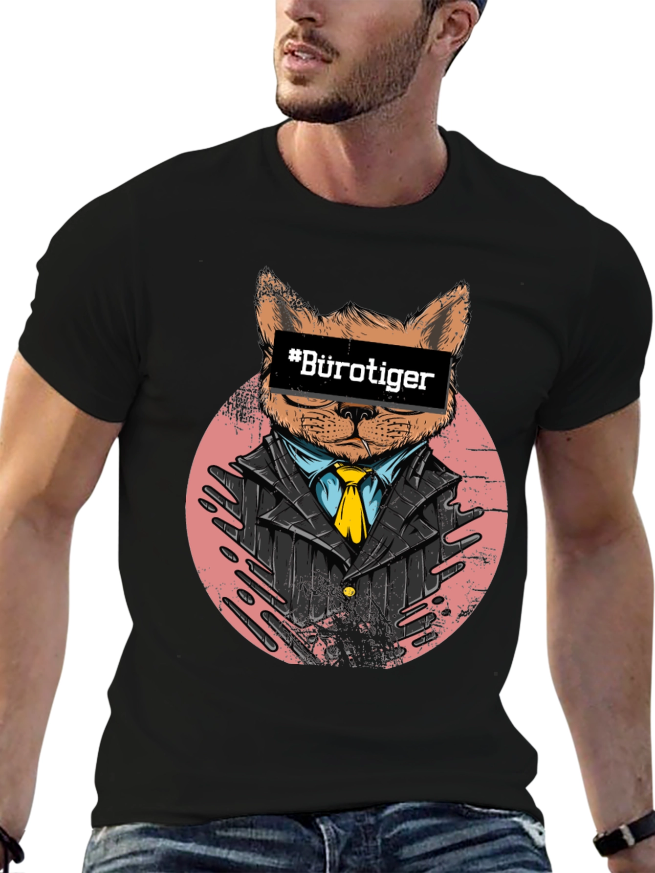 Bürotiger Cat in Suit Black T-Shirt