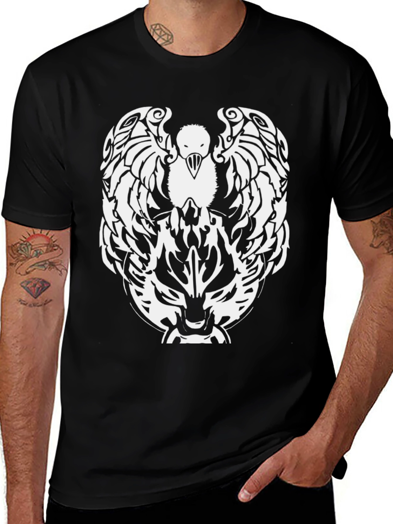 Eagle & Wolf Graphic Tee - Black Cotton T-Shirt