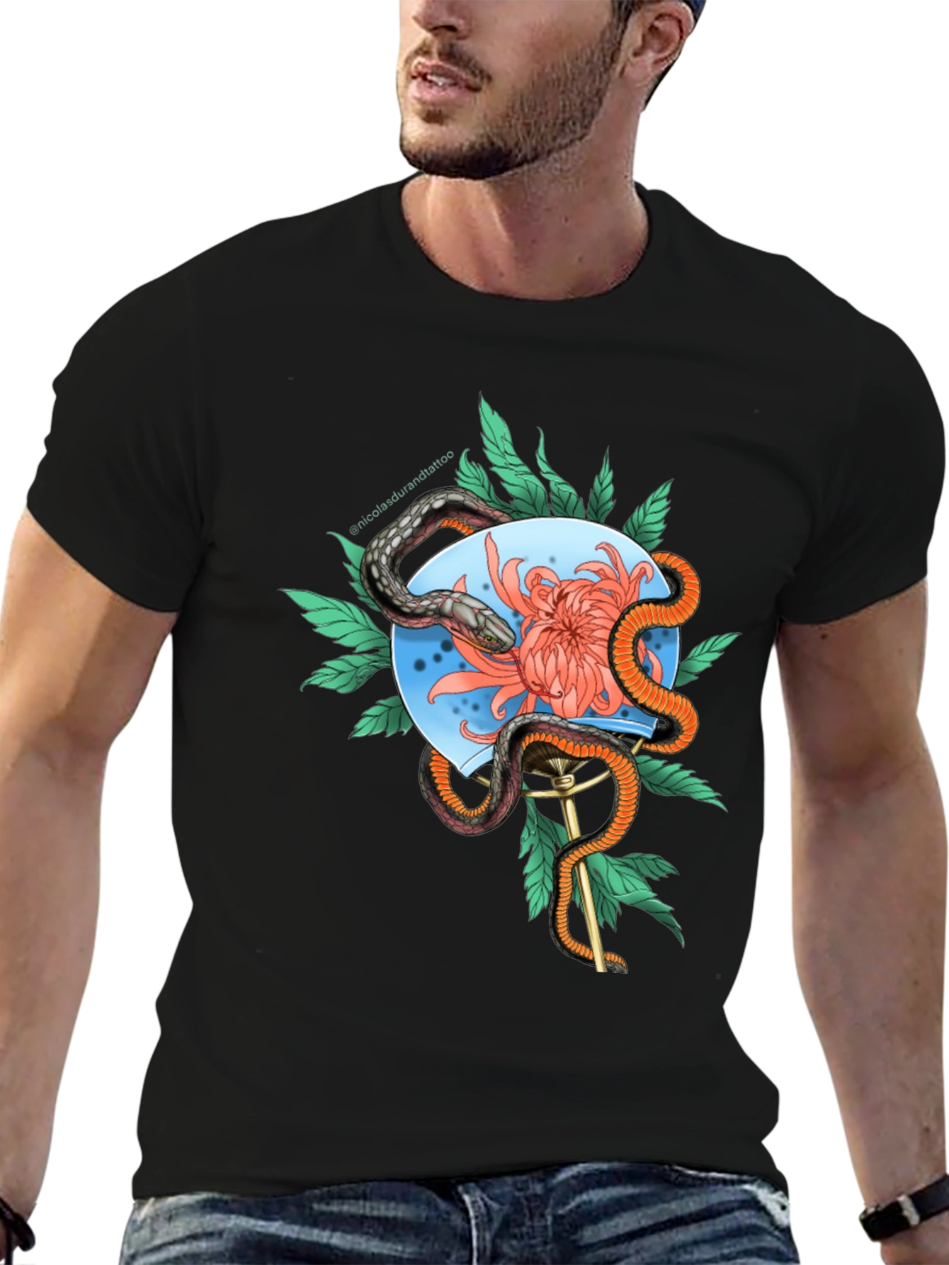 Snake & Flower Graphic Tee - Black