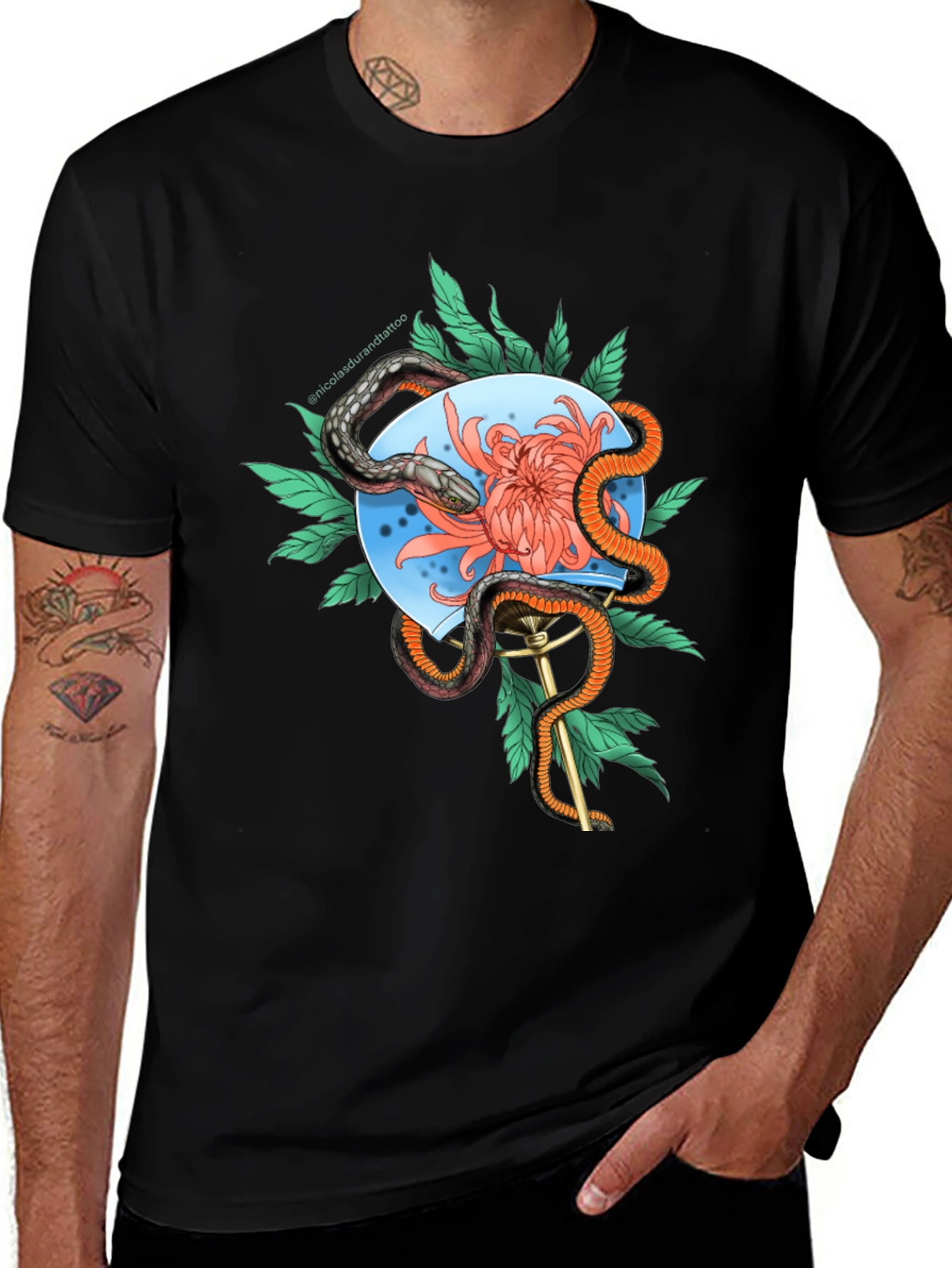 Snake & Flower Graphic Tee - Black