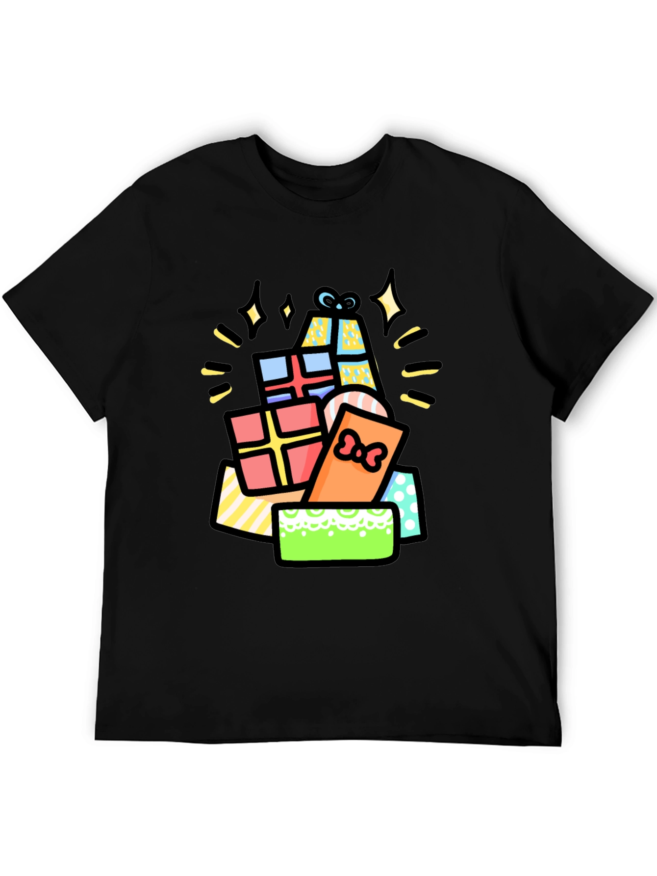 Festive Gift Pile Graphic Tee - Black Cotton T-Shirt