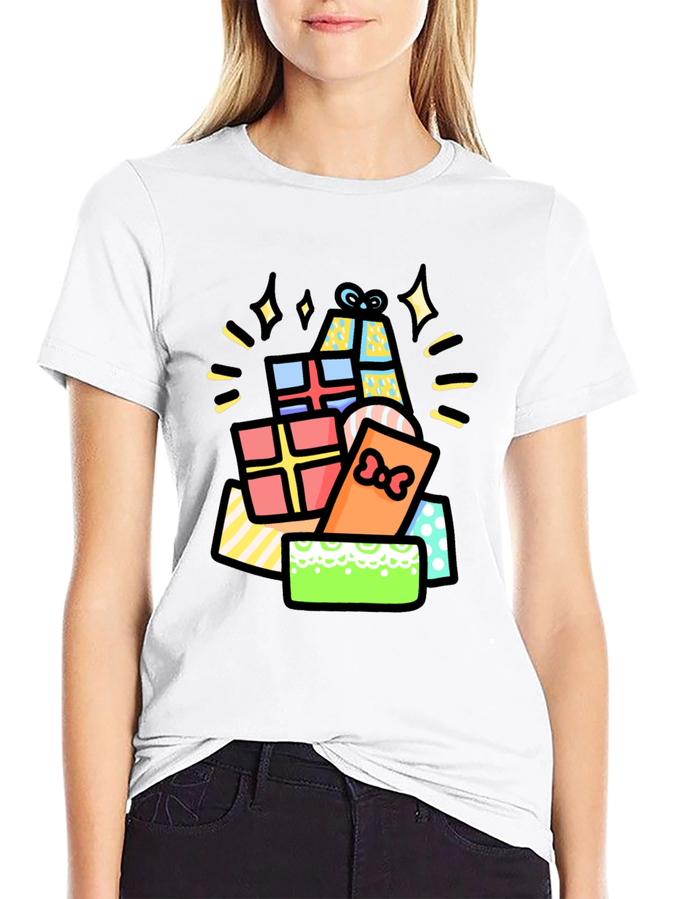 Festive Gift Pile Graphic Tee - Black Cotton T-Shirt