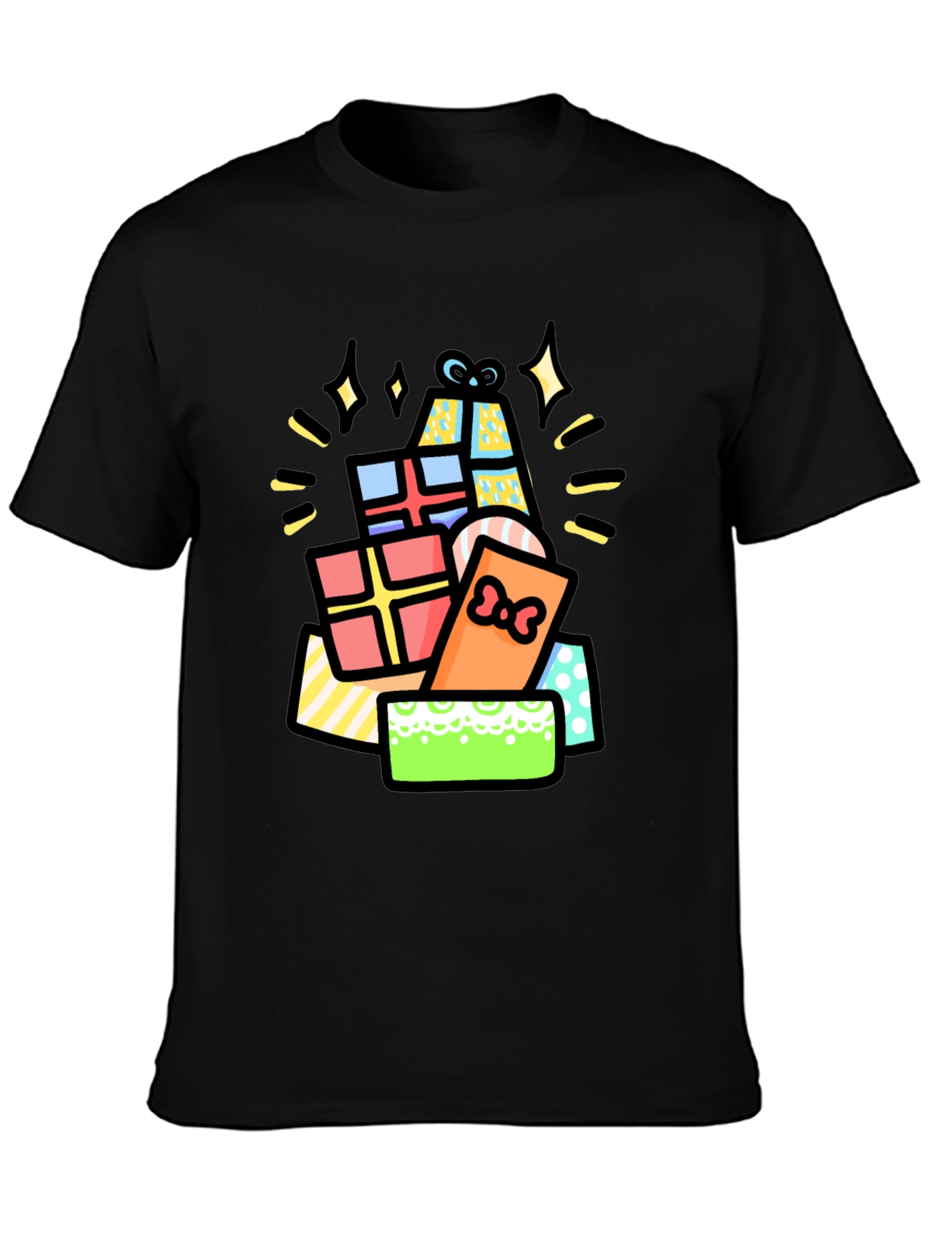 Festive Gift Pile Graphic Tee - Black Cotton T-Shirt