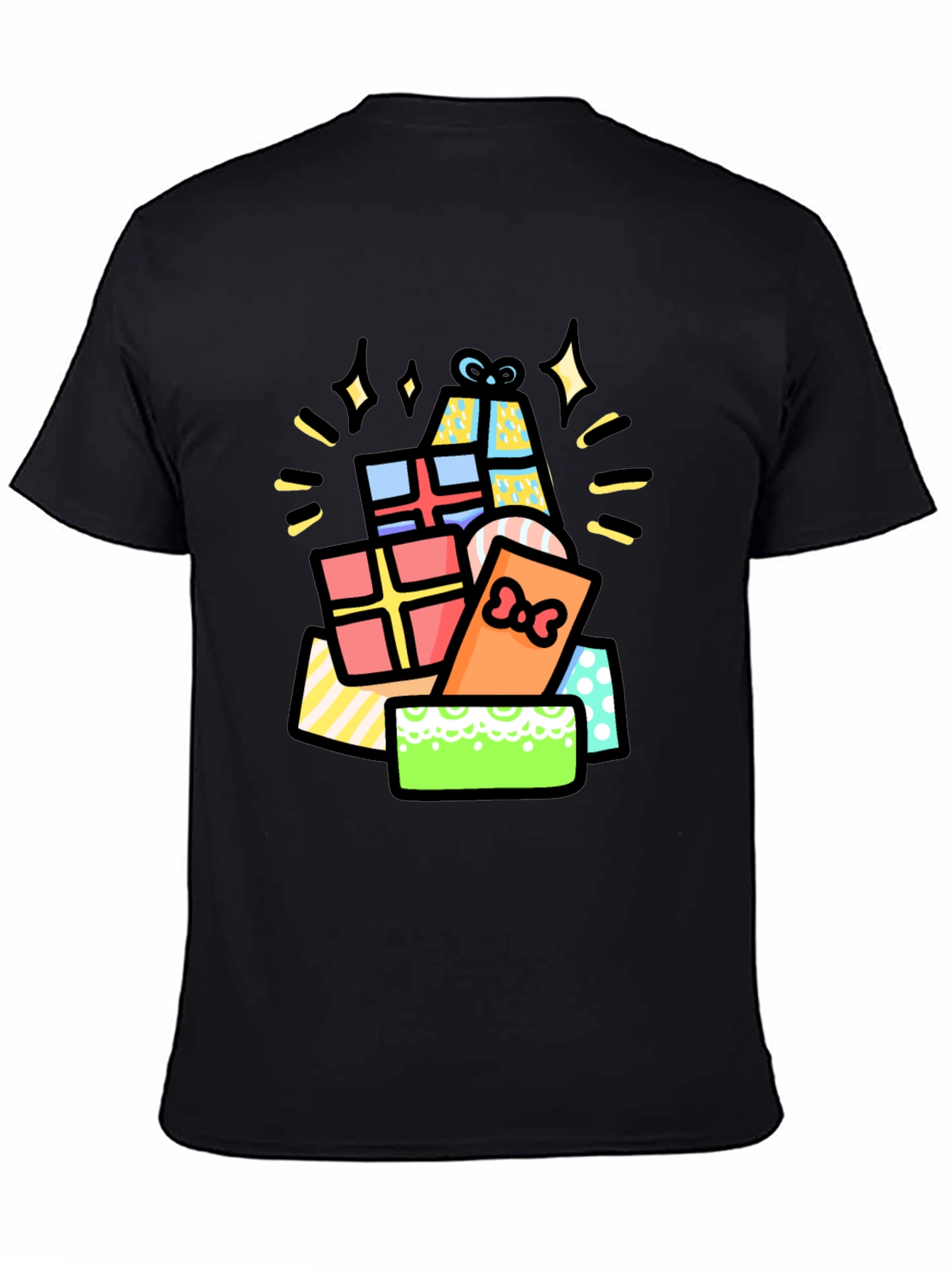 Festive Gift Pile Graphic Tee - Black Cotton T-Shirt