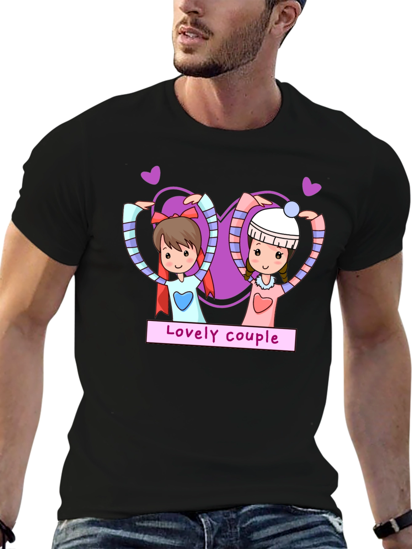 Lovely Couple Cartoon Graphic Black T-Shirt