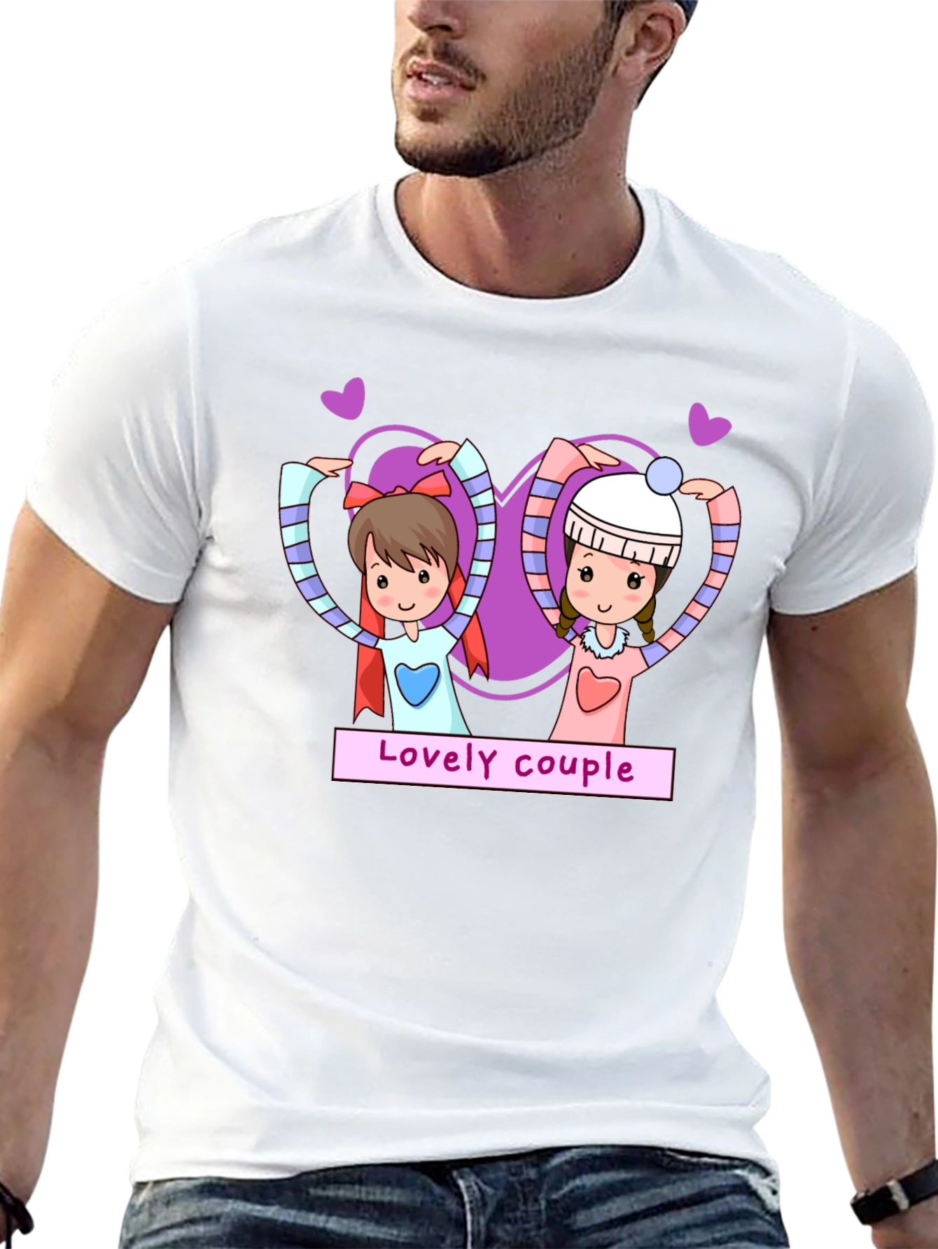 Lovely Couple Cartoon Graphic Black T-Shirt
