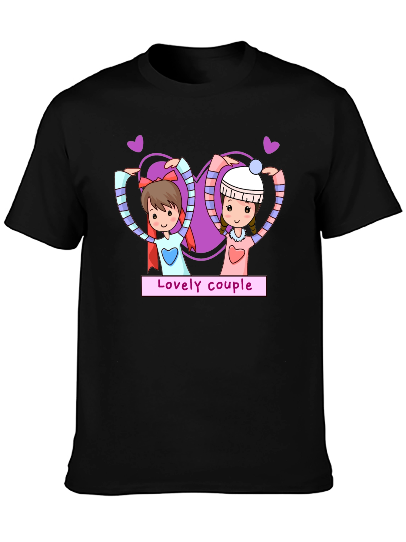 Lovely Couple Cartoon Graphic Black T-Shirt