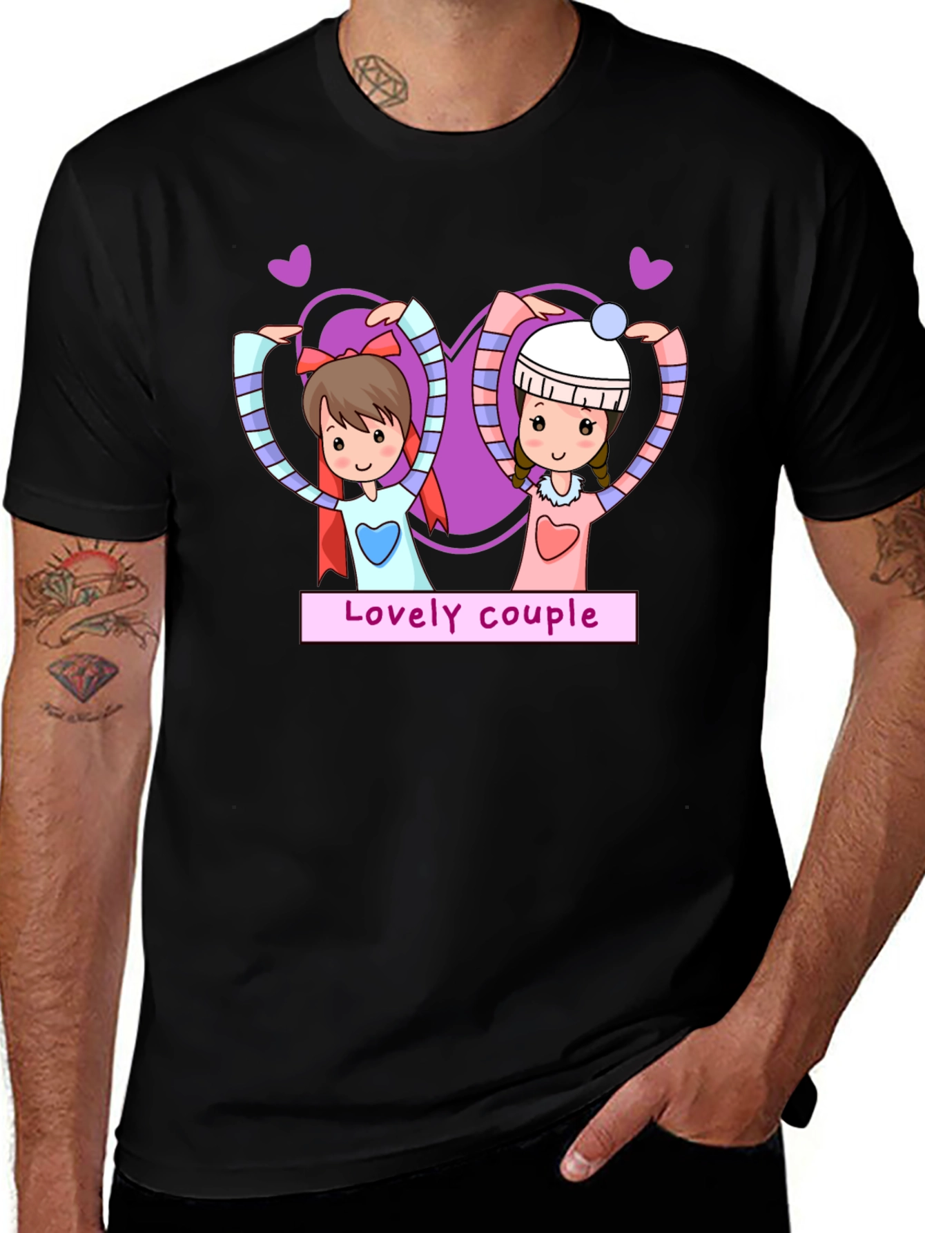 Lovely Couple Cartoon Graphic Black T-Shirt