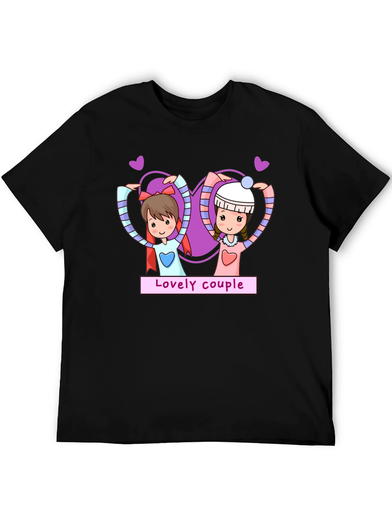 Lovely Couple Cartoon Graphic Black T-Shirt