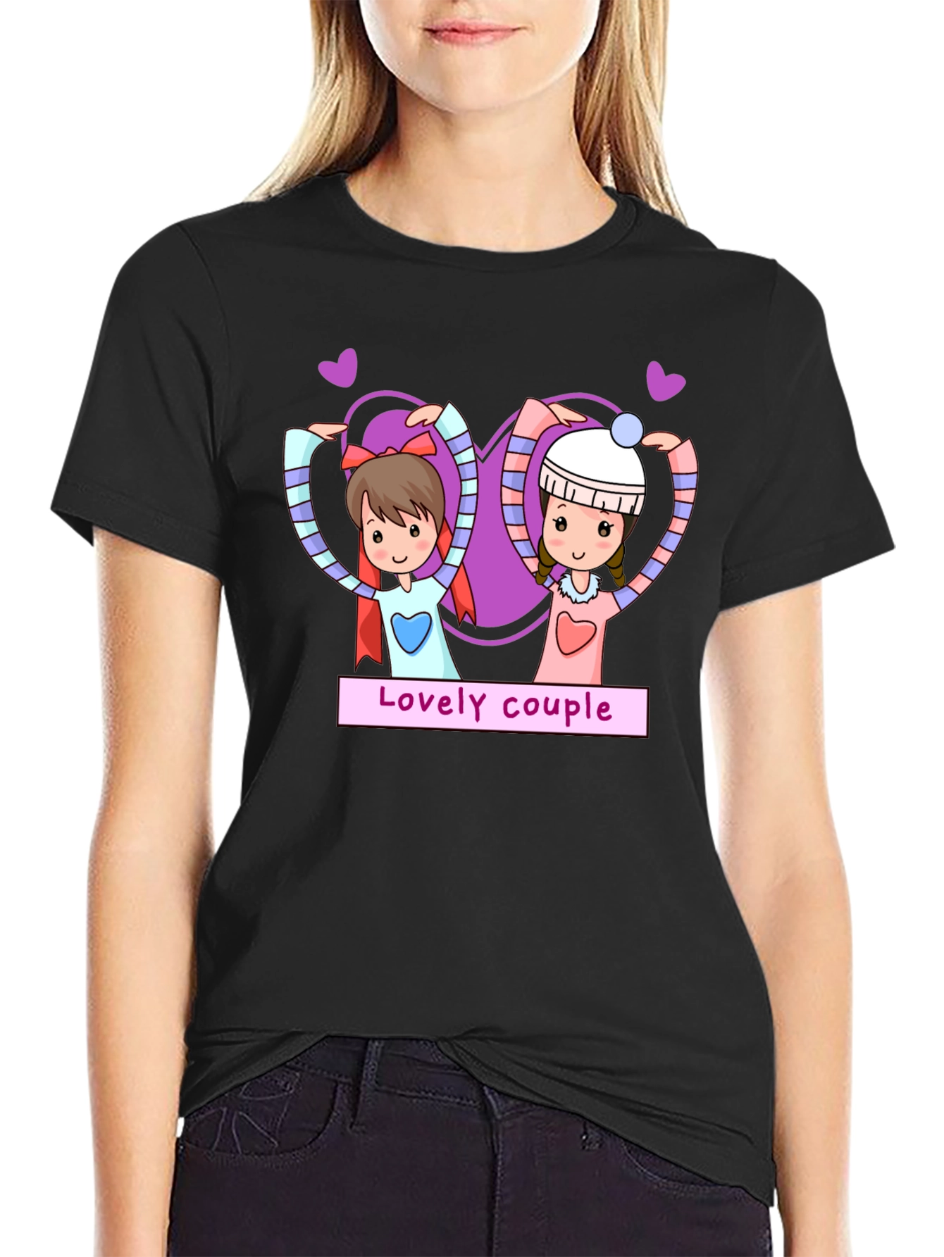 Lovely Couple Cartoon Graphic Black T-Shirt