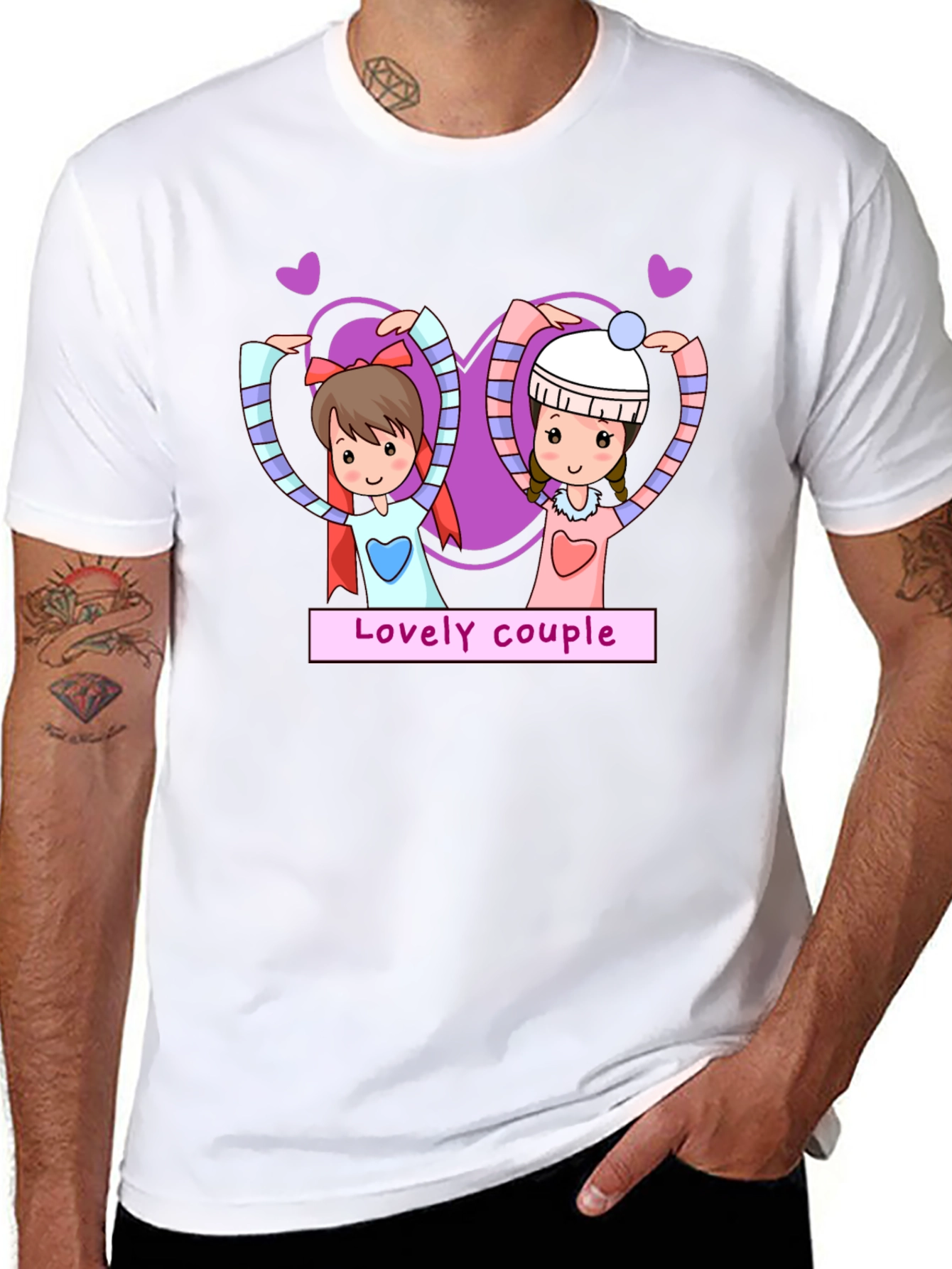 Lovely Couple Cartoon Graphic Black T-Shirt