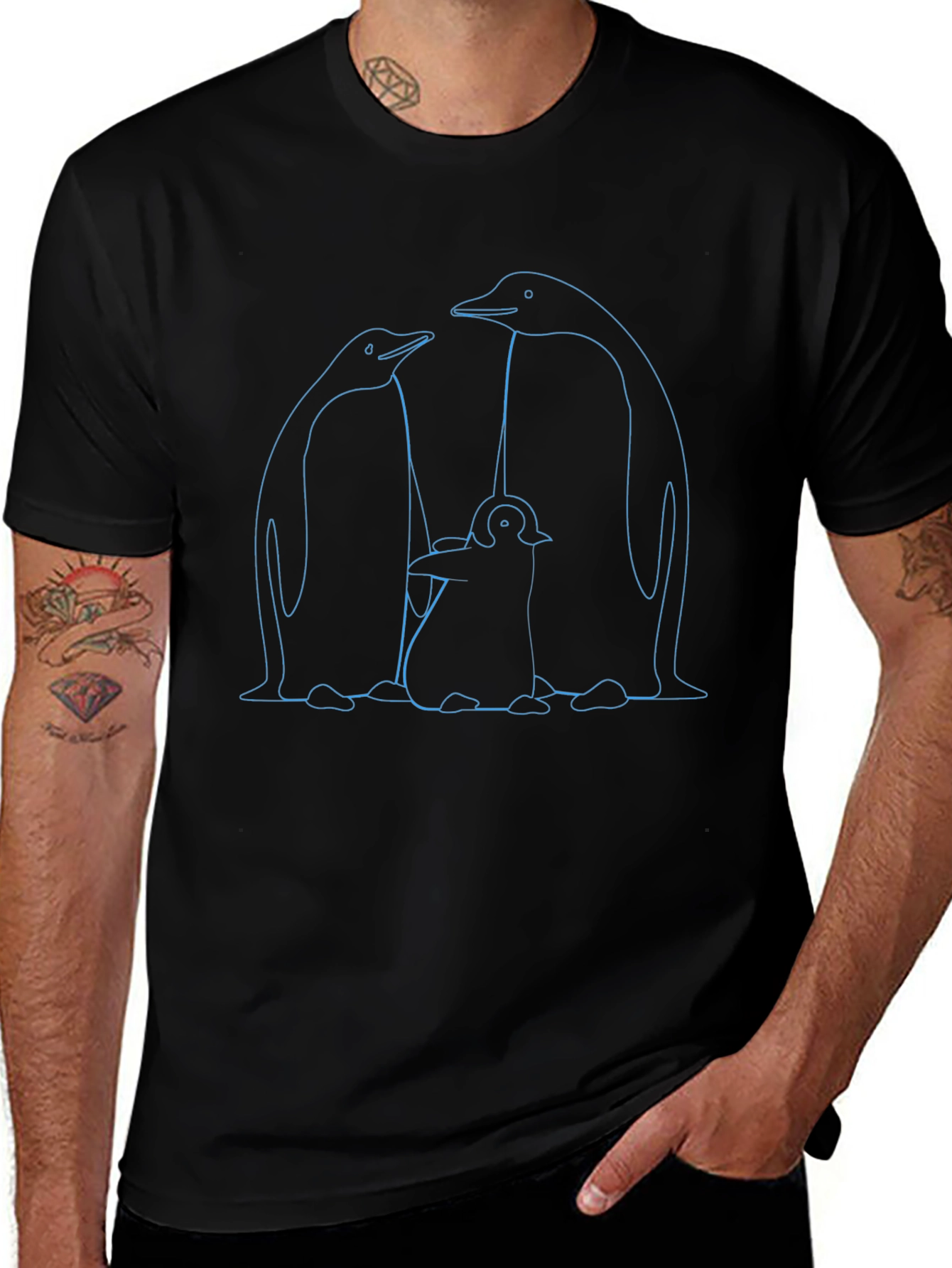 Penguin Family Graphic T-Shirt - Black Cotton