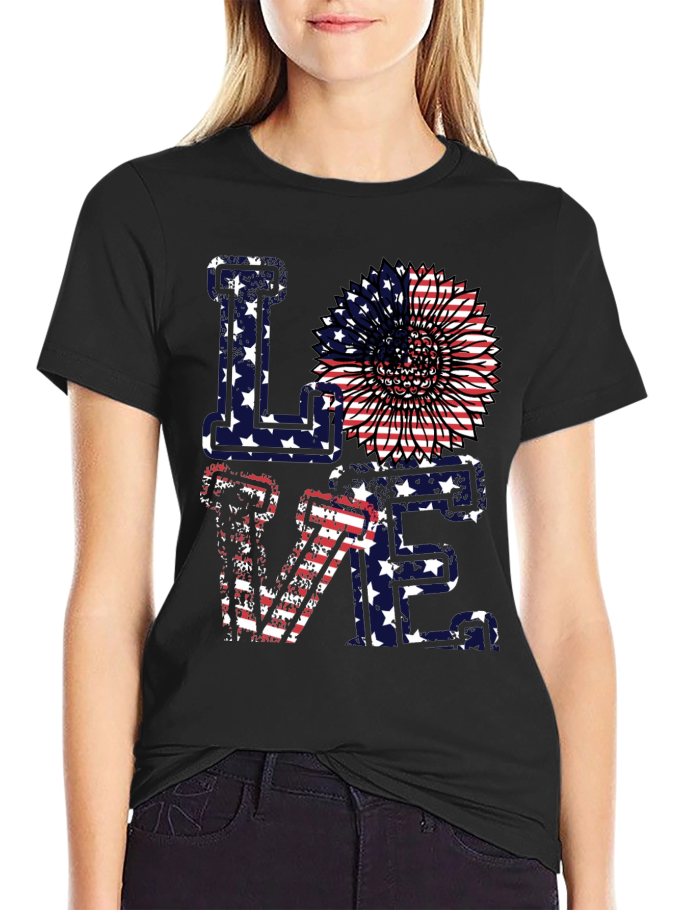Patriotic Love T-Shirt - American Flag Sunflower Design