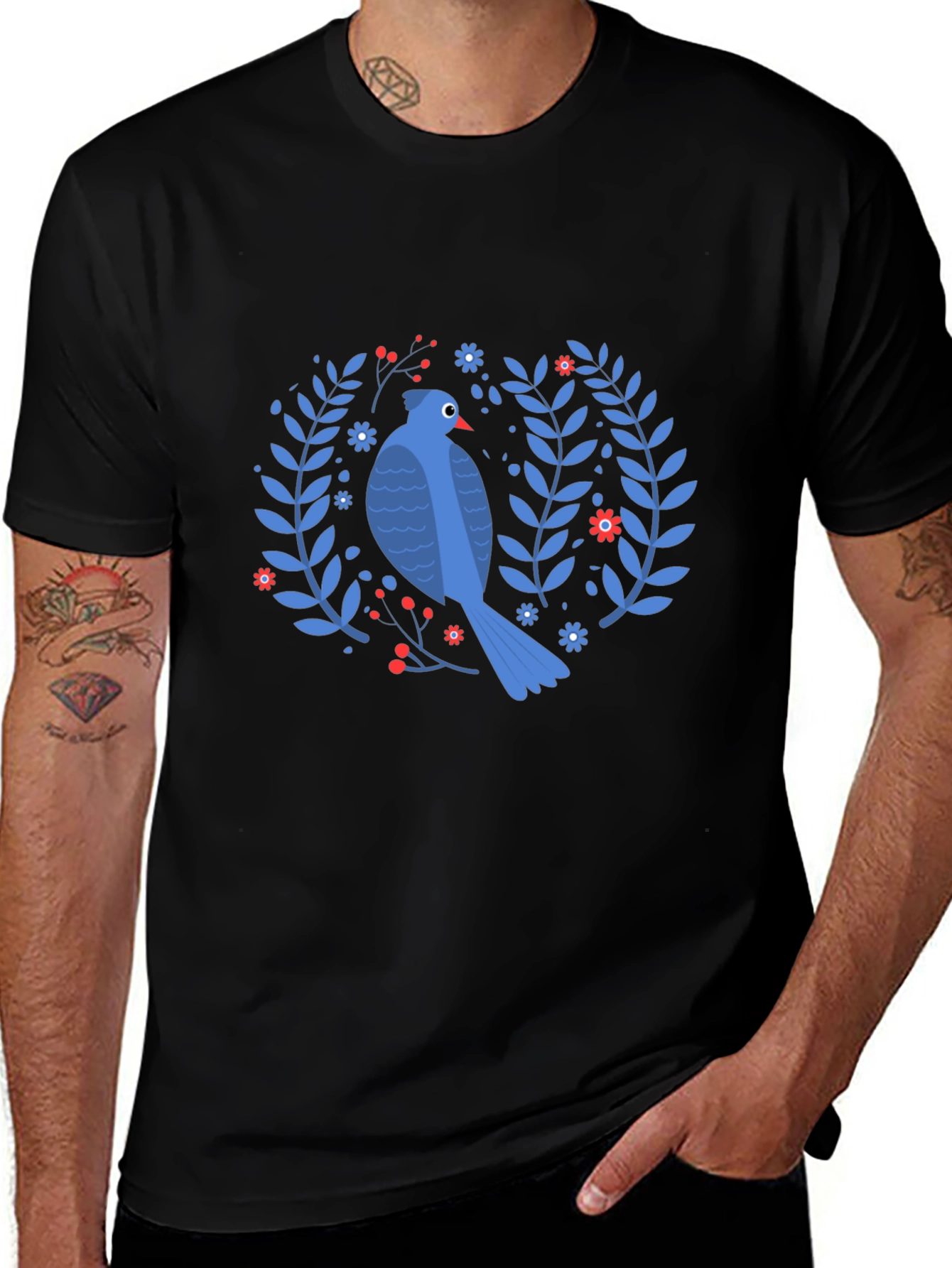Bird & Floral Wreath Black T-Shirt