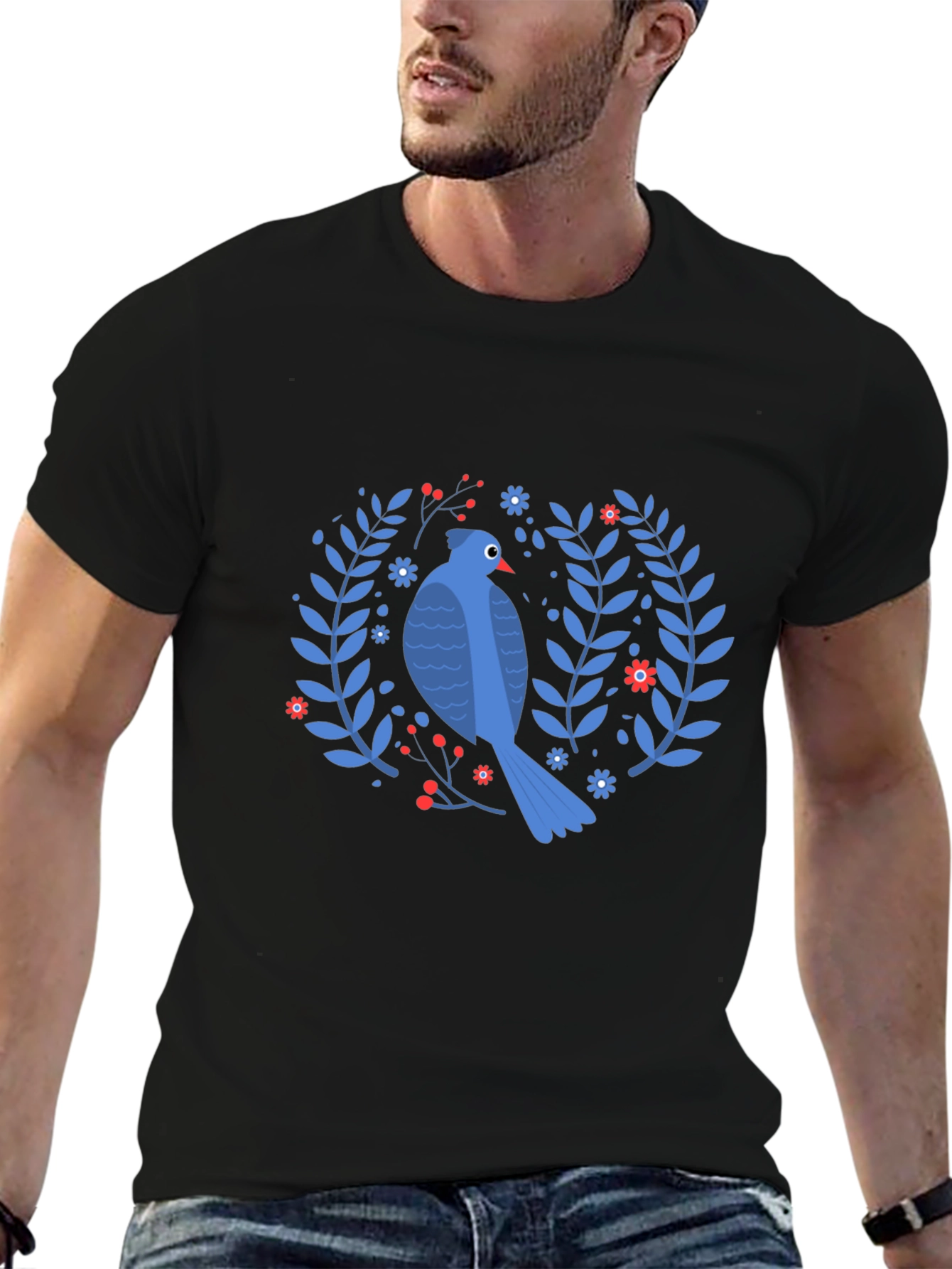 Bird & Floral Wreath Black T-Shirt