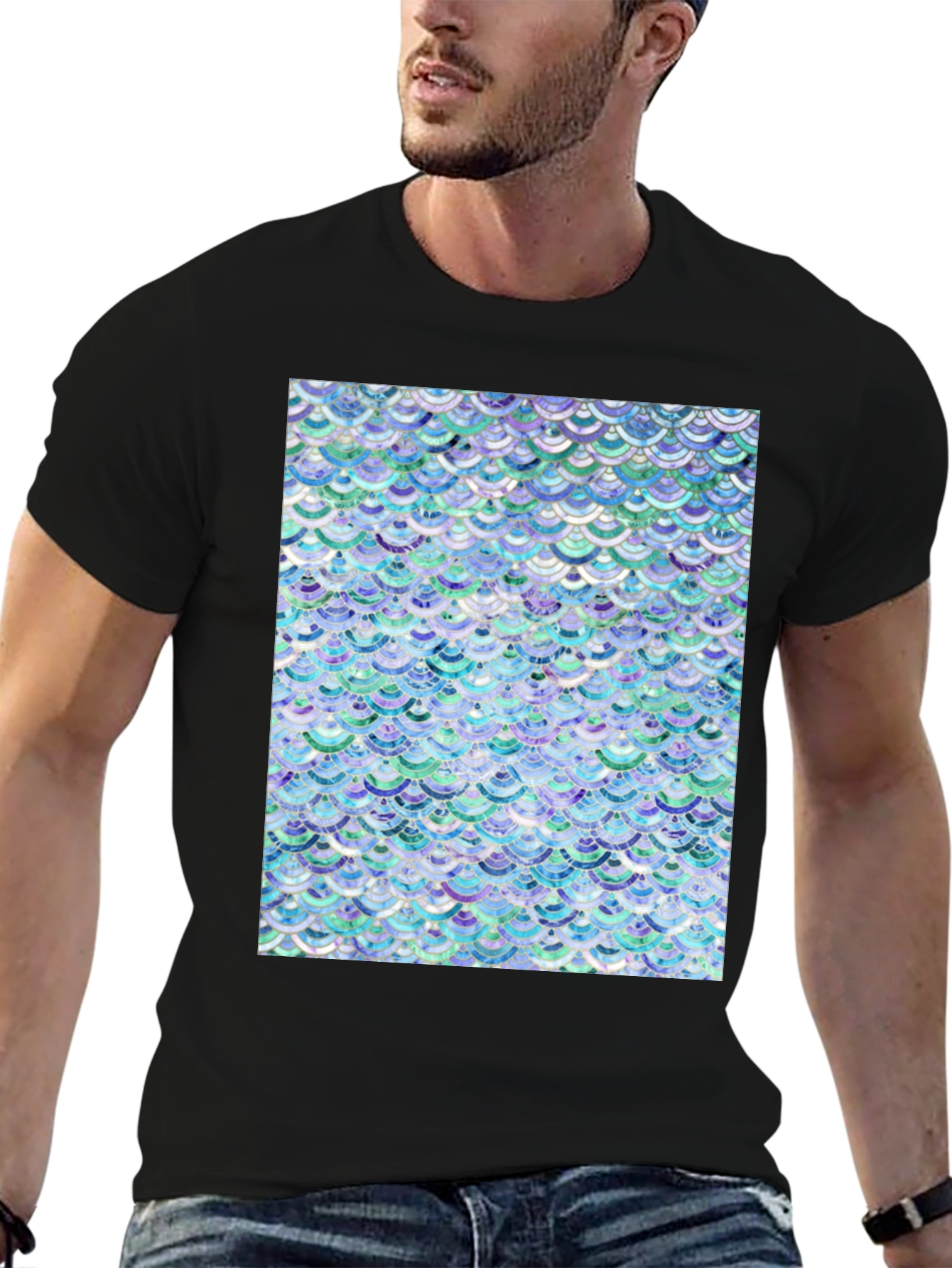 Mermaid Scales Pattern Black T-Shirt