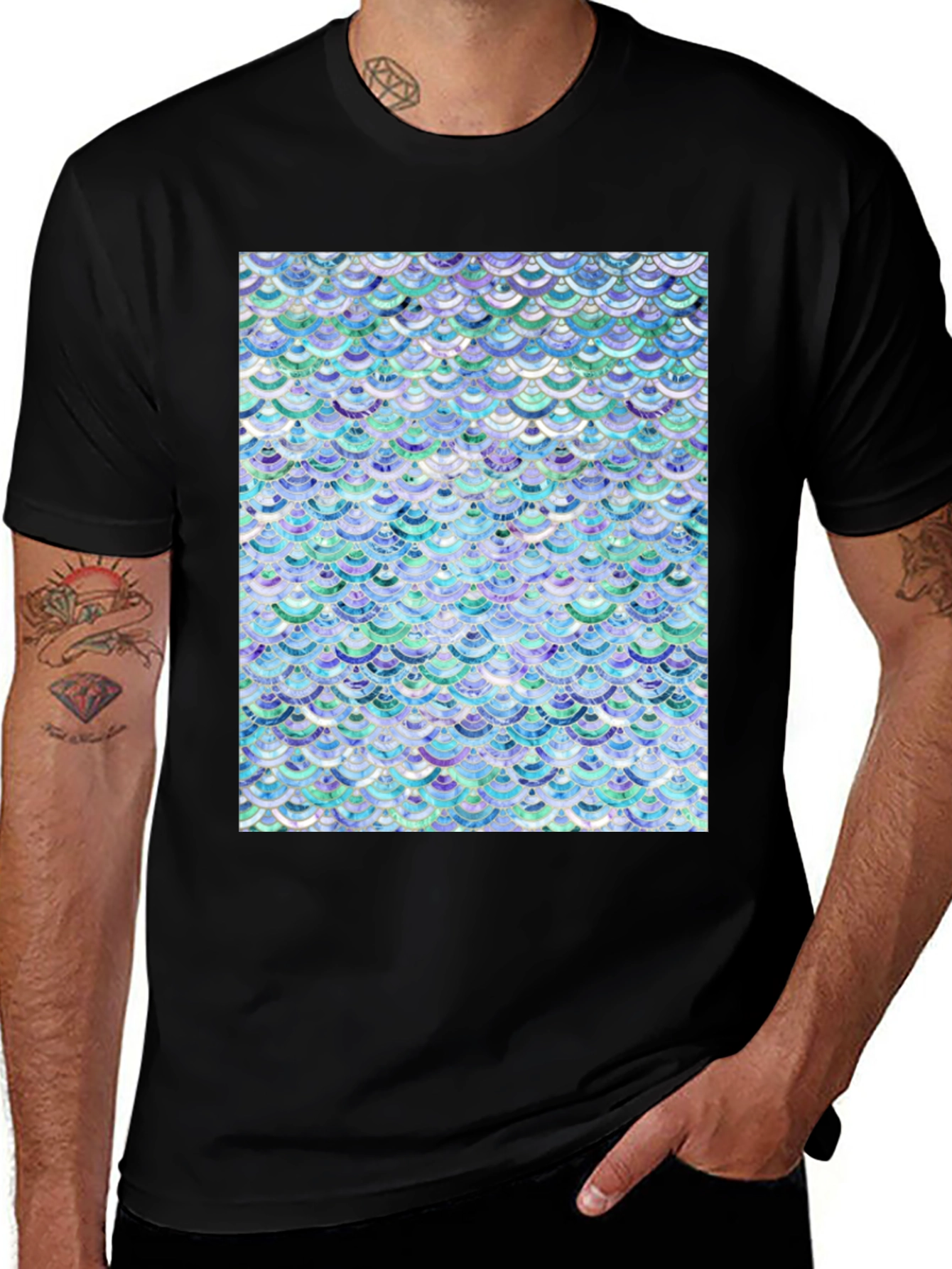 Mermaid Scales Pattern Black T-Shirt