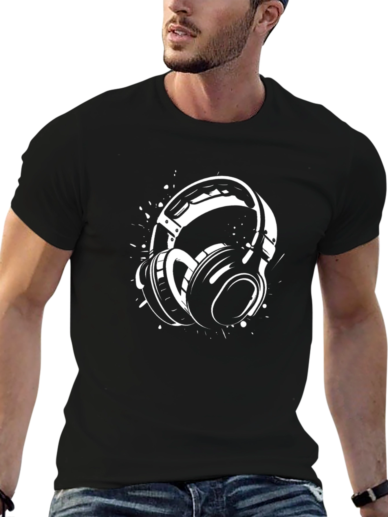 Stylish Black T-Shirt with Headphones Design