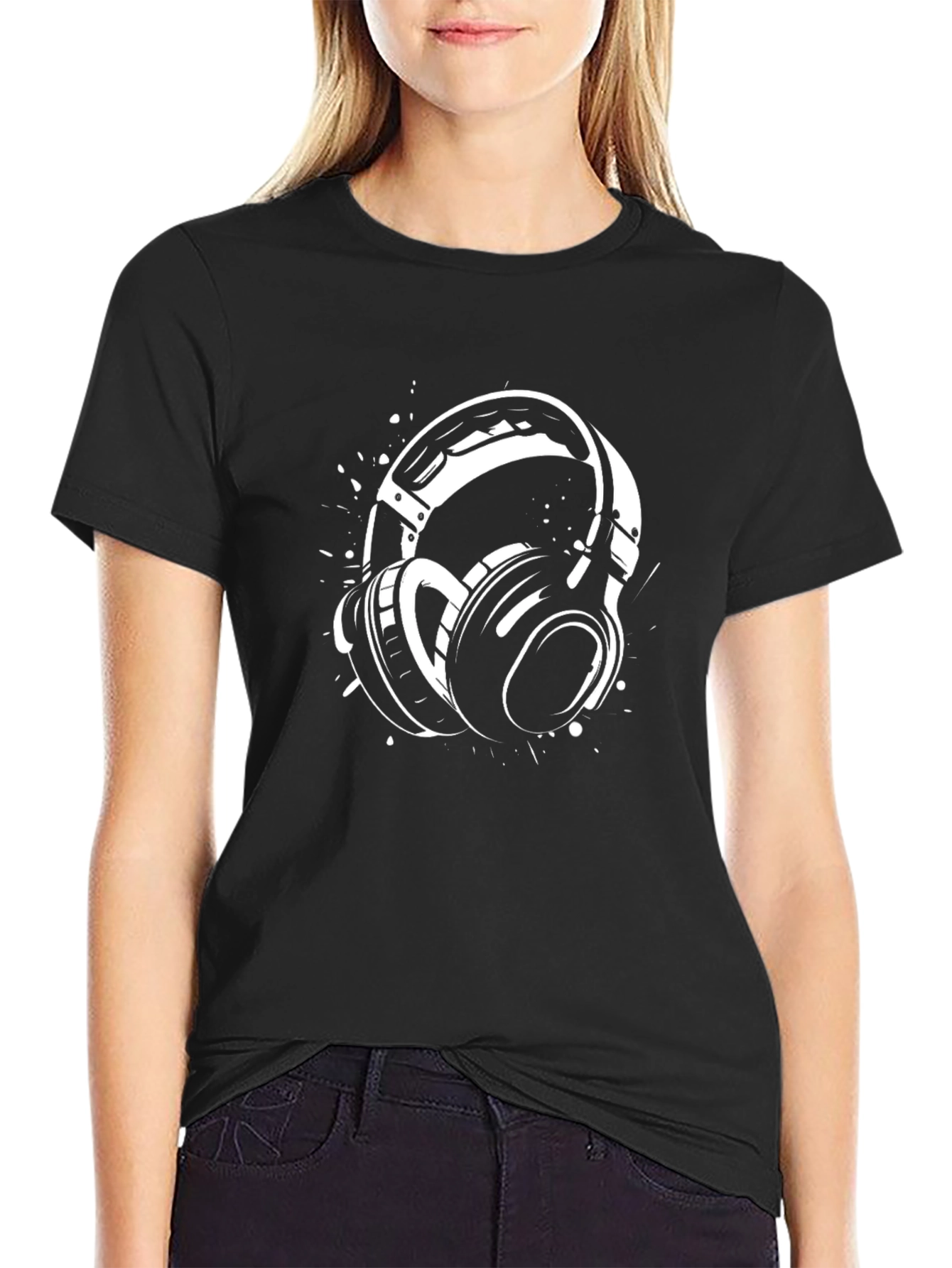 Stylish Black T-Shirt with Headphones Design