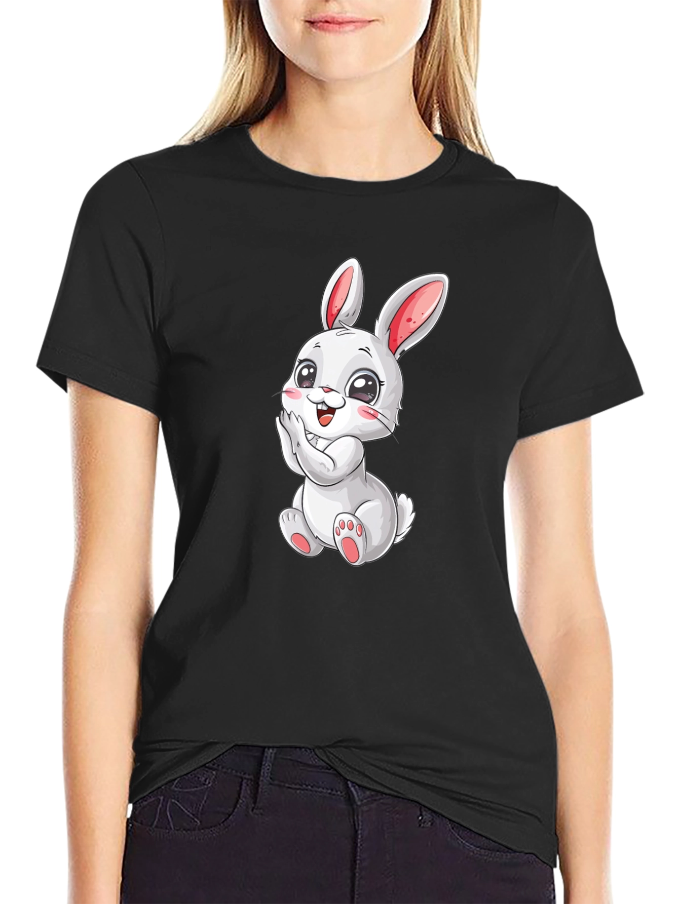 Cute Bunny Graphic Tee - Black Cotton Comfort