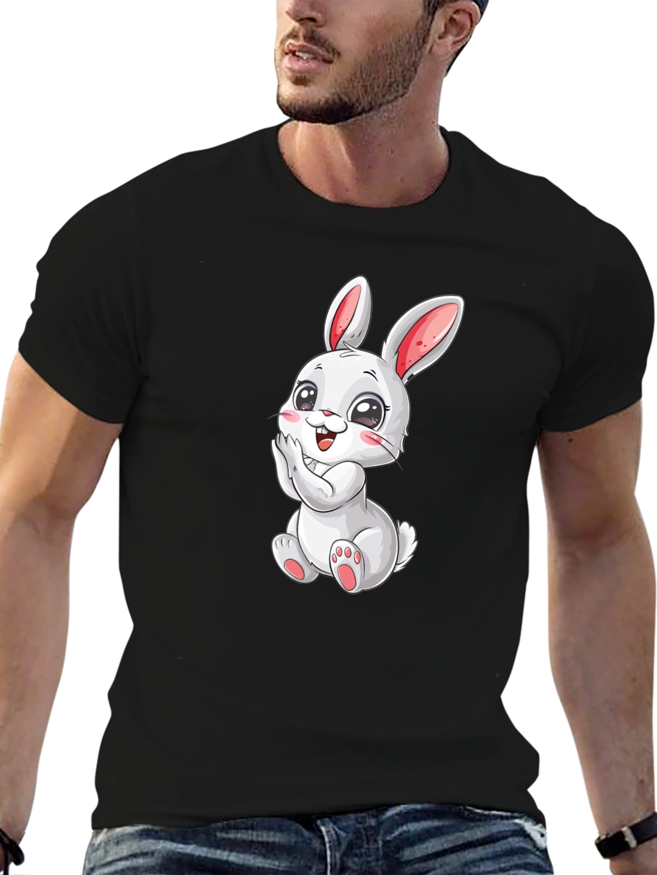 Cute Bunny Graphic Tee - Black Cotton Comfort