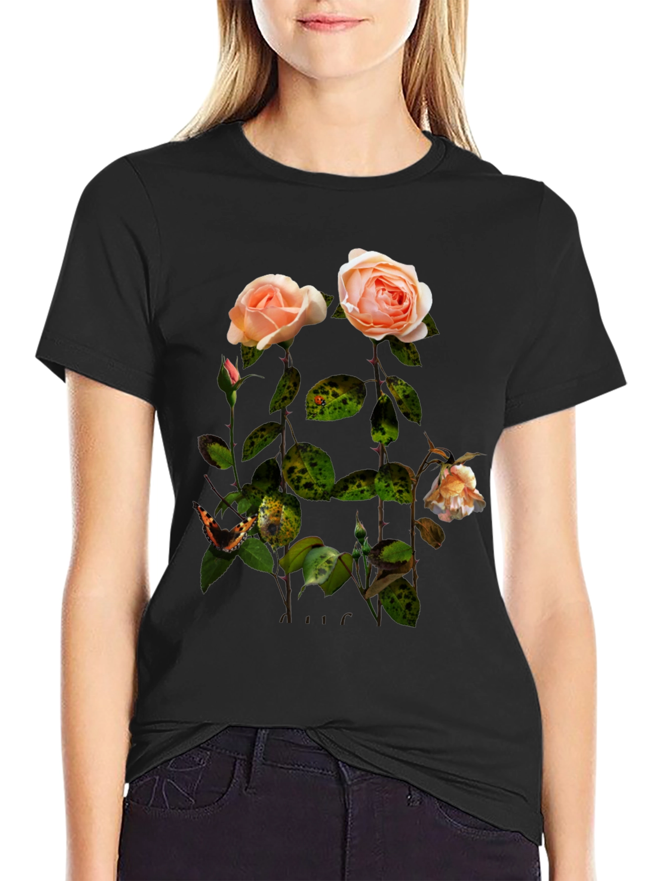 Floral Rose Graphic Tee - Stylish Black T-Shirt