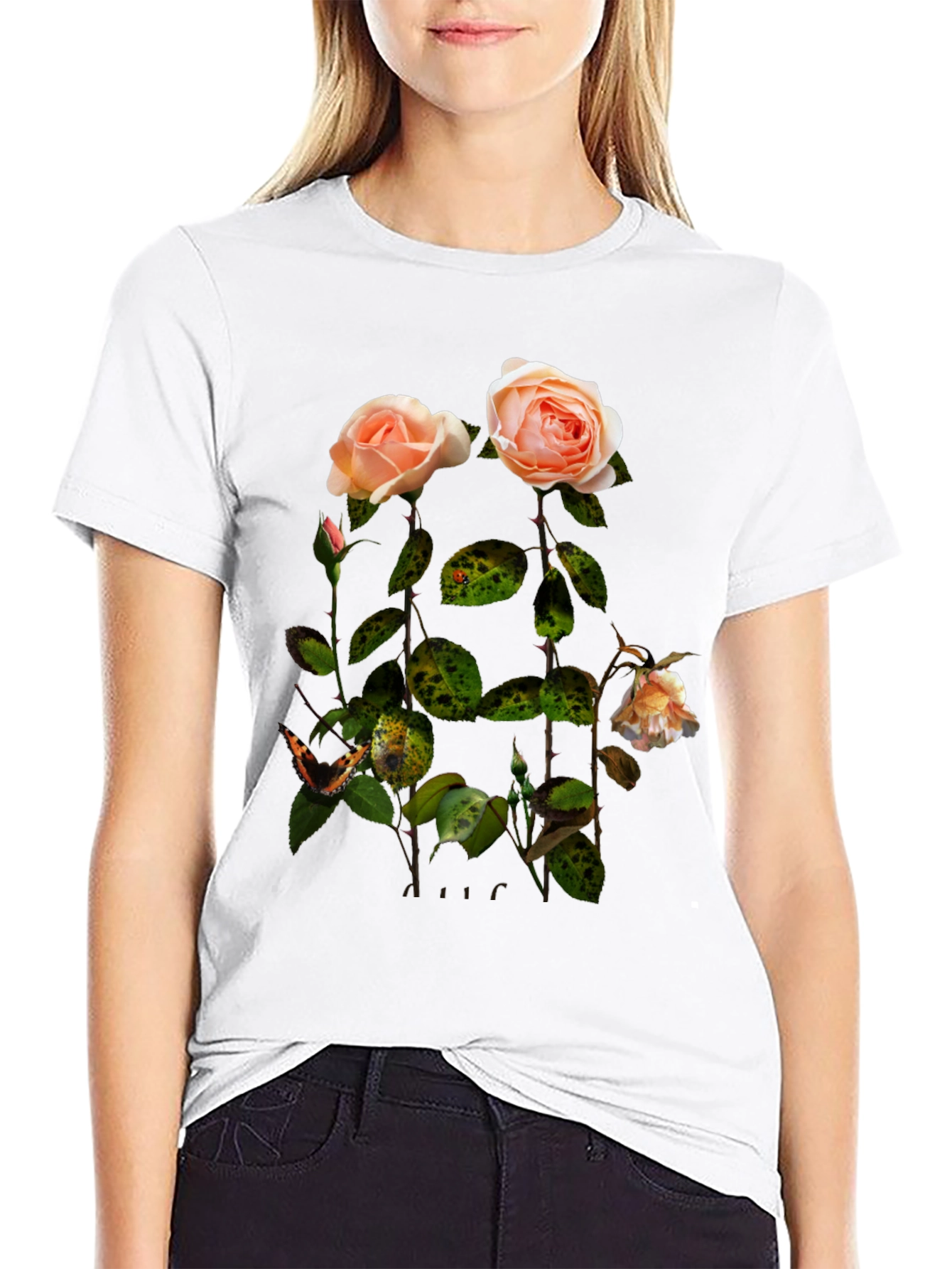 Floral Rose Graphic Tee - Stylish Black T-Shirt
