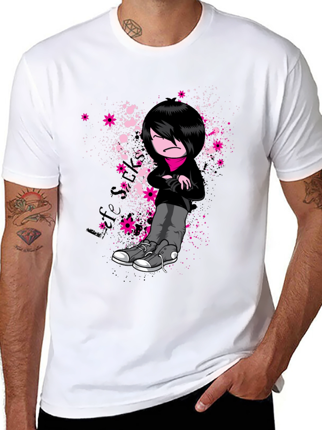 Emo Cartoon Graphic Print Black T-Shirt