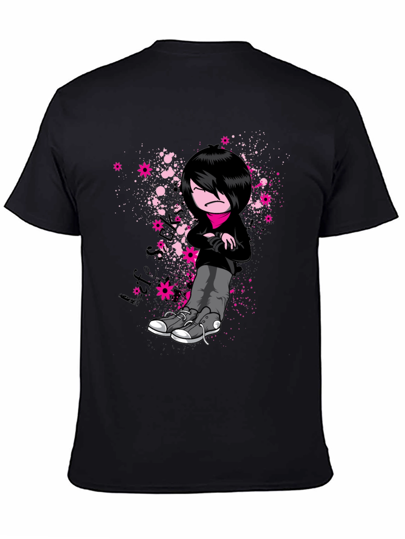 Emo Cartoon Graphic Print Black T-Shirt